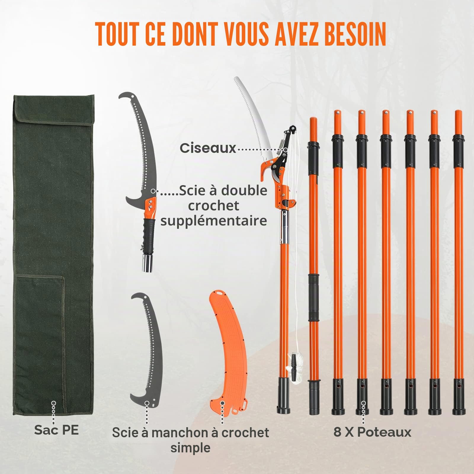 VEVOR Scie à Élaguer Télescopique 2,24-8,24 m Scie à Perche Extensible Lame en Acier Tranchant Scie d'Élagage avec 8 Poteaux Fibre de Verre Ciseaux Coupe Branches Hautes pour Élagage Palmiers Arbustes