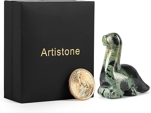 Miniatura 6 de Artistone Figura de cristal de dinosaurio de jaspe Kambaba tallada a mano, figuras de dinosaurio, estatua de animales, decoración coleccionable o