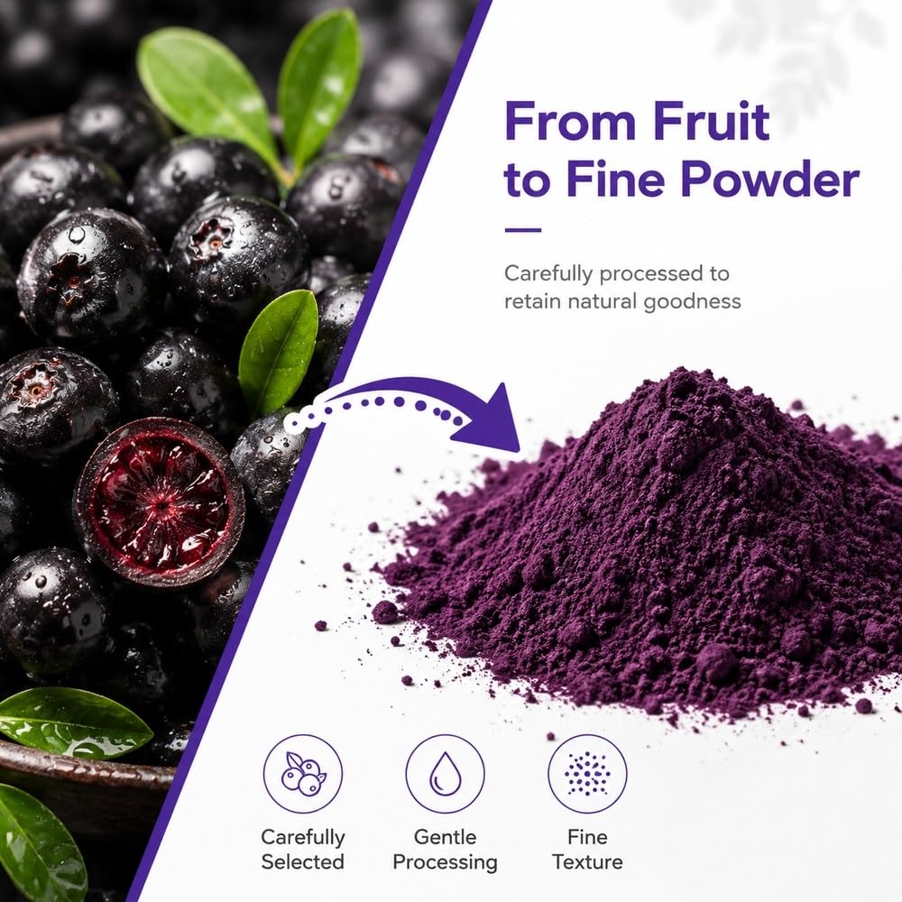 Polvere di bacche di acai liofilizzate, busta stand-up da 60 g | Polvere di Acai liofilizzata, macinata fine, facile da miscelare for bevande e dolci