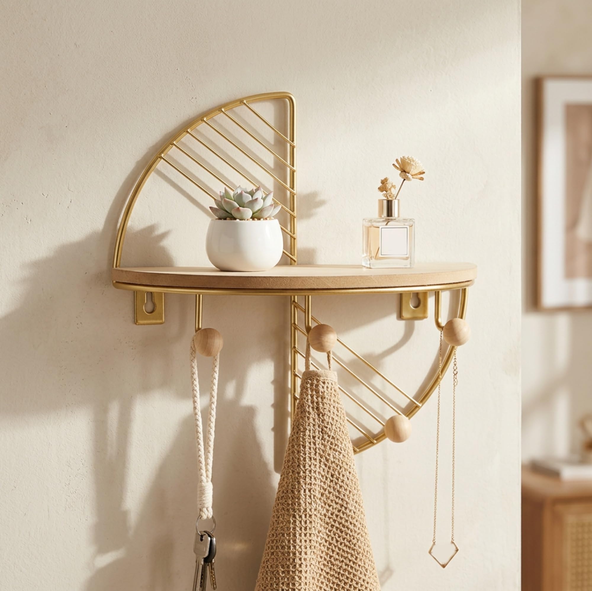 Estante de pared con ganchos, organizador flotante de madera para entrada, estante de almacenamiento de estilo nórdico para llaves, bolsos, abrigos, accesorios de baño y decoración del hogar