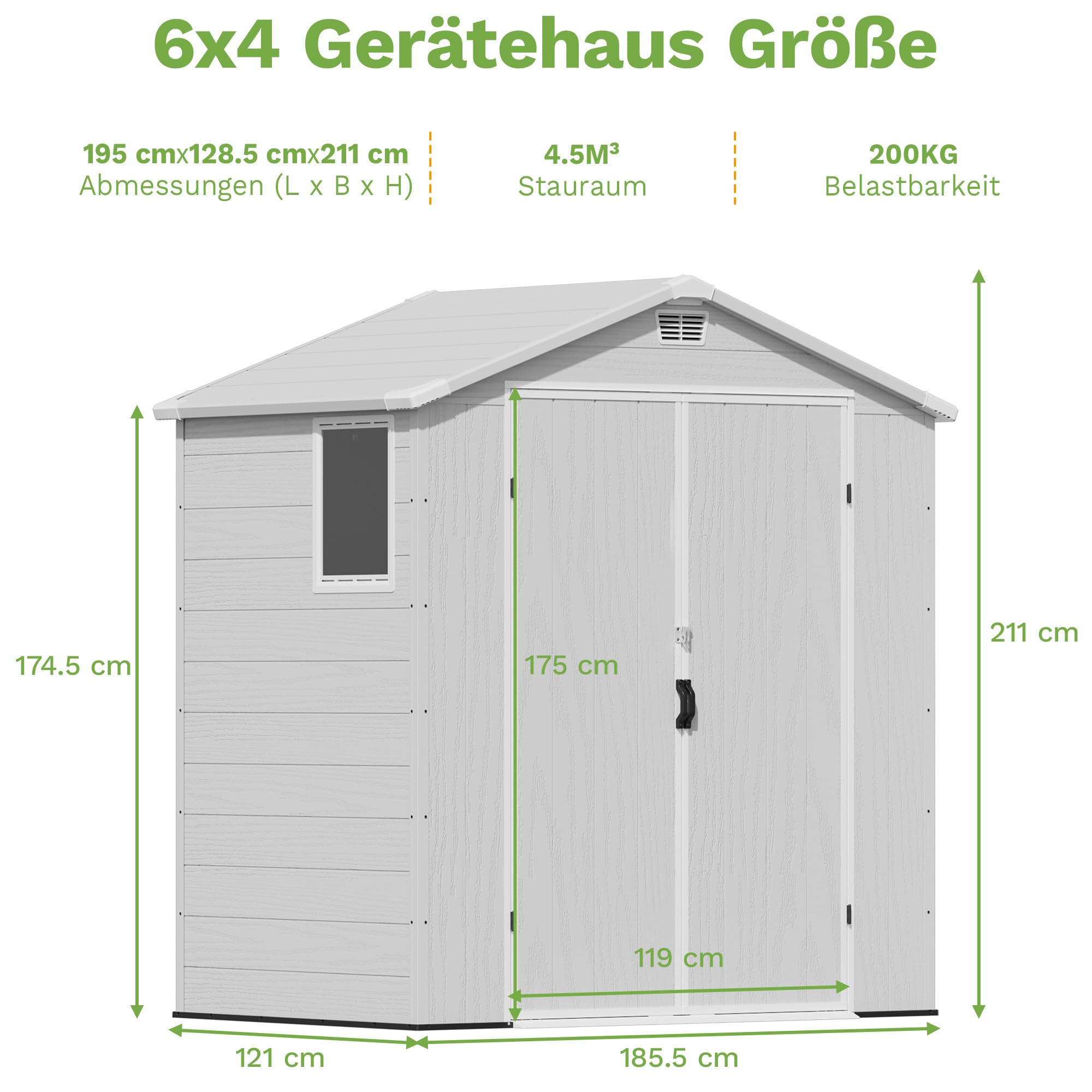 Devoko 6x4 Gartenhaus Kunststoff 4,7m³, 185x121x210 cm Gerätehaus mit Boden, Geräteschuppen, Fahrradschuppen mit Abschließbar Tür, Wetterfest für Garten Rasen, Hellgrau