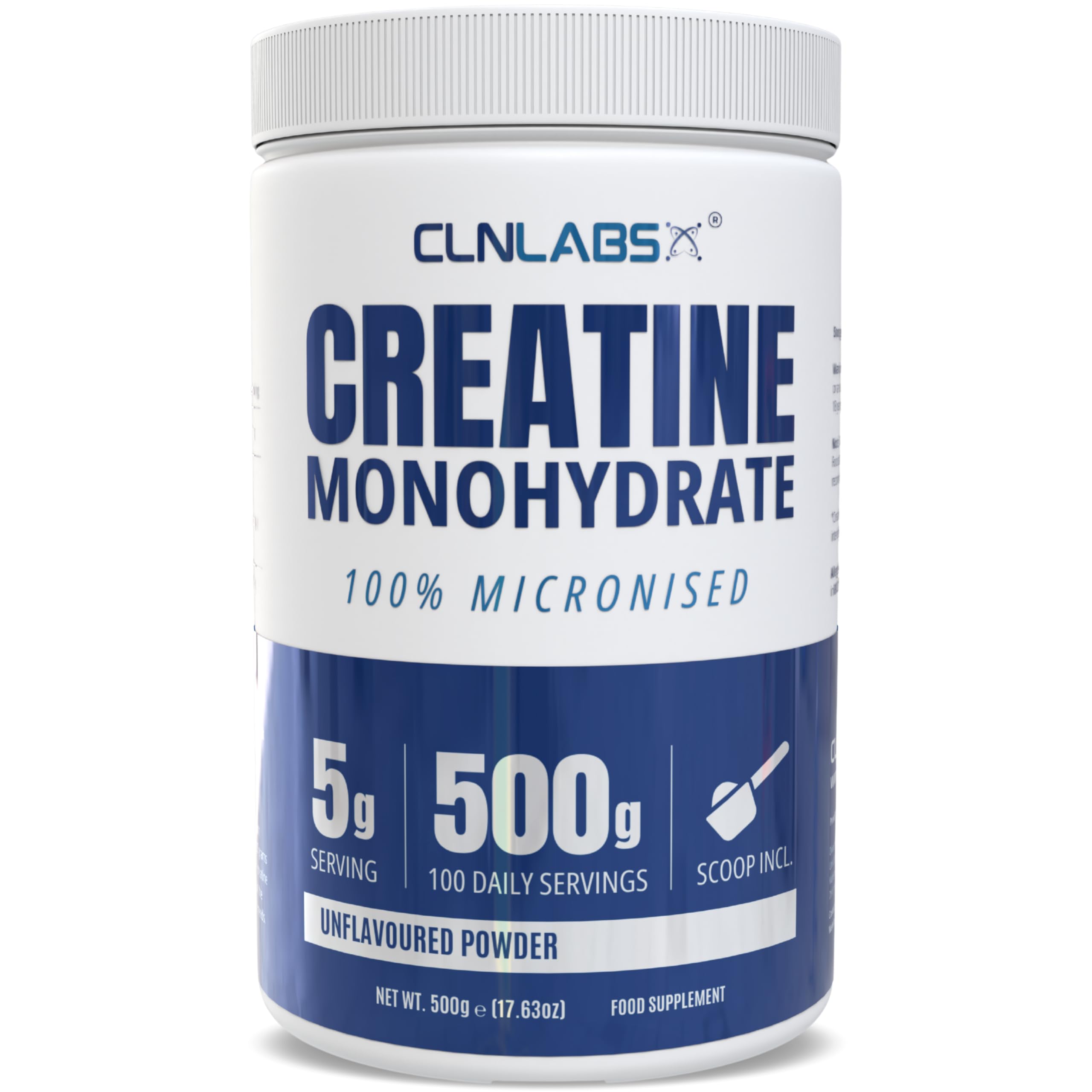 Creatine Monohydrate Powder - 500g Tub (200 Mesh) | Fine Grade, Pure & Mixes Easily | Includes Scoop | Unflavoured | Made in The UK by CLN Labs