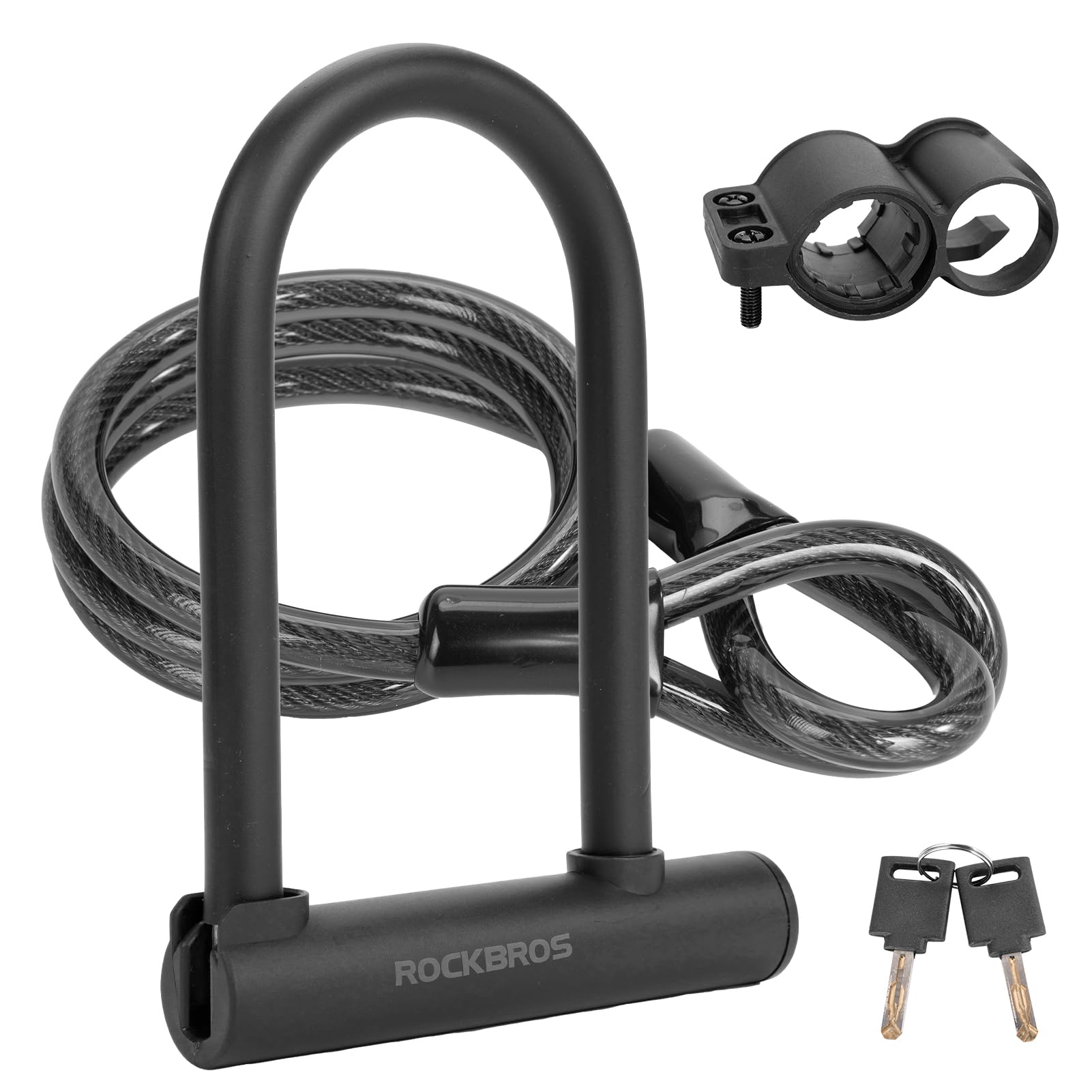 ROCKBROS U Lock Bike U Lock with Cable Heavy Duty Anti Theft Bike Lock U-Lock 4 ft Cable with Keys & Sturdy Mounting Bracket for Road, Mountain, Electric Bikes