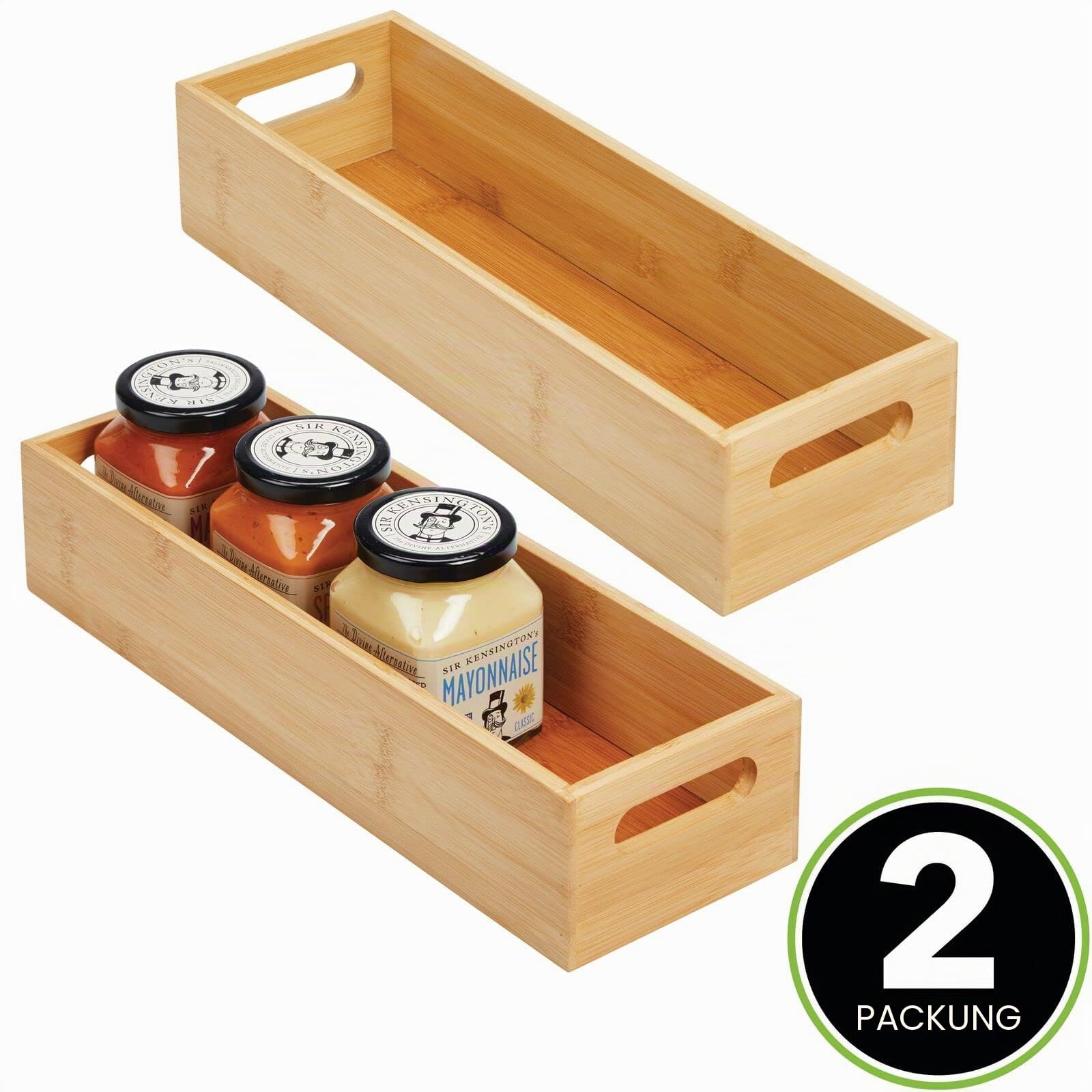 mDesign 2er-Set Aufbewahrungsbox mit Griffen – praktische Holzbox zur Lebensmittelaufbewahrung – für Gewürze, Nüsse oder Flaschen – offene Ablage aus Bambusholz für die Küche – bambusfarben