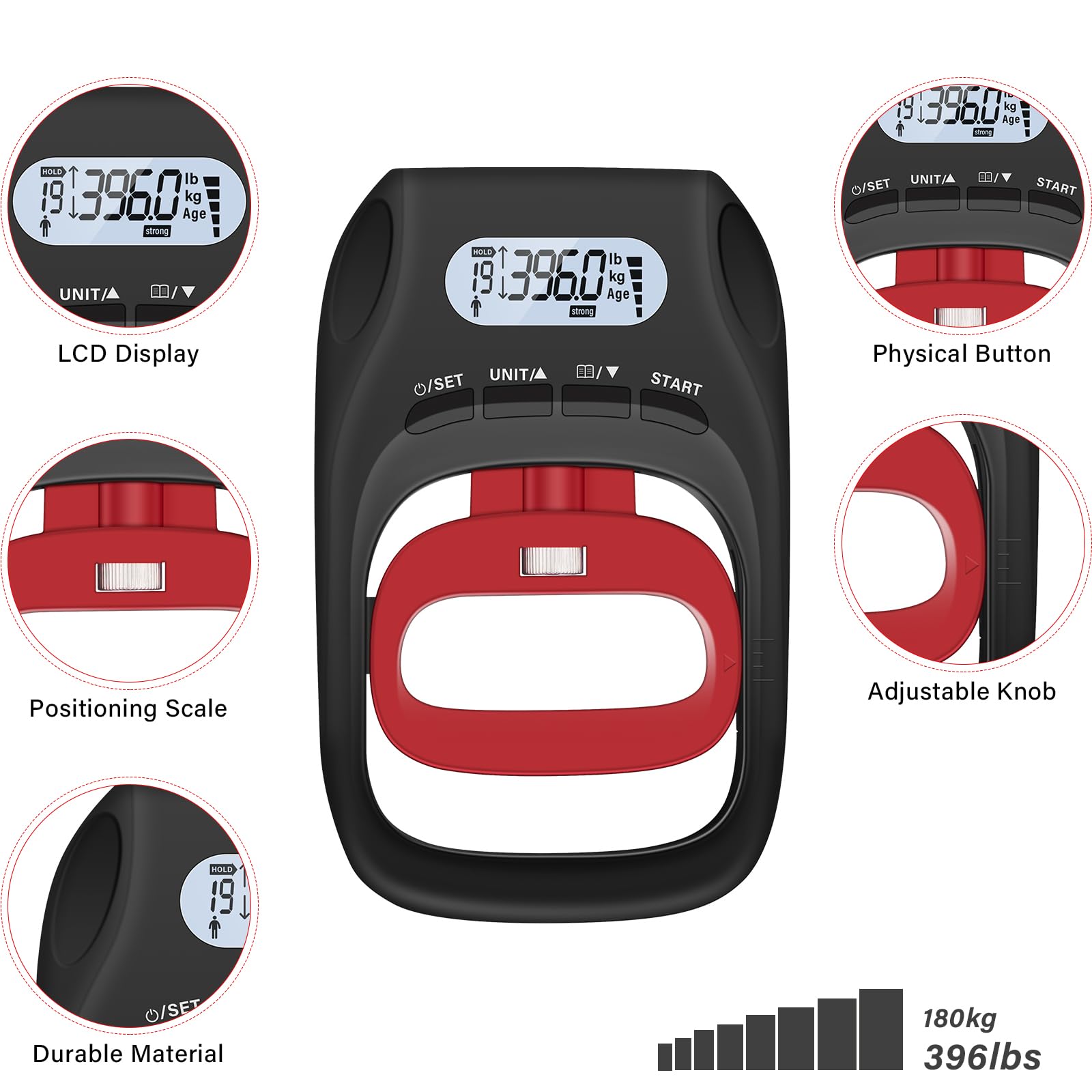 Medidor de Fuerza de Prensión JTHEW LCD, Sensor de Alta Precisión 180kg/400lbs, Entrenador Manual Ajustable Portátil para Recuperación Deportiva y Entrenamiento Clínico (Negro-Rojo).