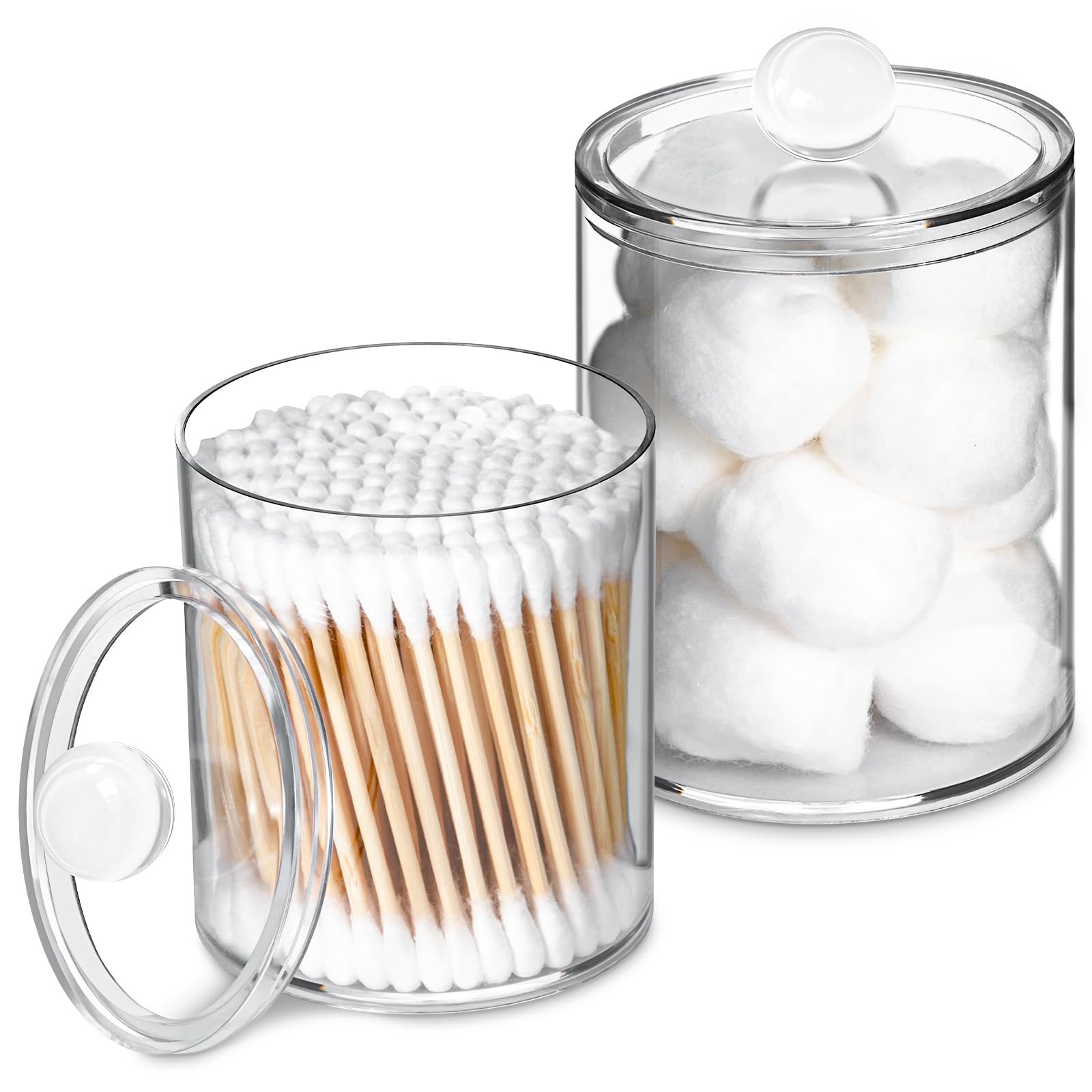 2 Pack Qtip Holder,Canister Apothecary Jar Set, Bathroom Jars with Lids Set for Cotton Swabs, Balls, Pads, Floss Picks,10oz-12oz Plastic Canisters Restroom Bedroom Vanity Organizer(Clear)
