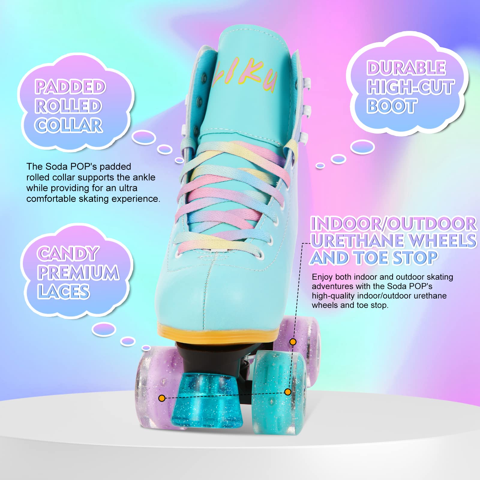 LIKU Quad Roller Skates for Girl and Women with All Wheel Light Up,Indoor/Outdoor Lace-Up Fun Illuminating Roller Skate for Kid