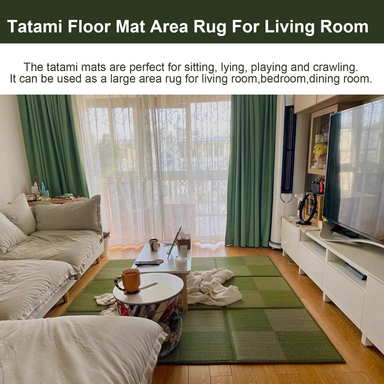 Esterilla Tatami Japonés Igusa Colchón de Suelo Alfombra Tapete de Juegos(Green,195x195cm)