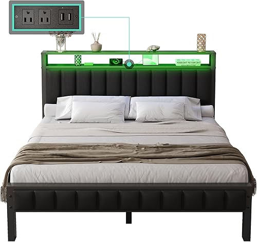 Miniatura 13 de Base de cama de tamaño matrimonial, plataforma LED con cabecera de piel sintética, estación de carga, espacio de almacenamiento de 2 niveles, no