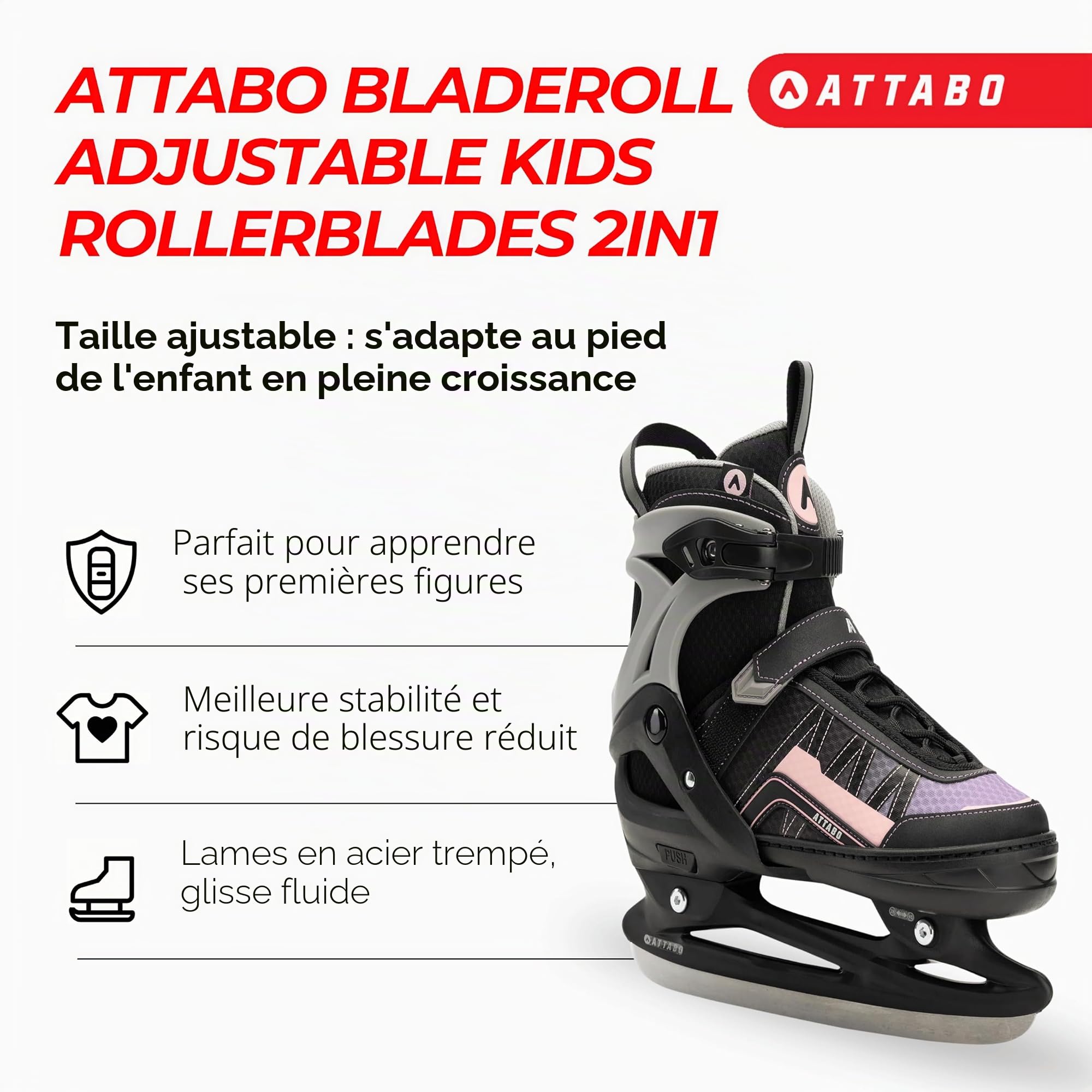 ATTABO Bladeroll Patins à Glace pour Enfant - Longueur réglable, roulements de qualité supérieure, Patins interchangeables, Confort et sécurité en Plein
