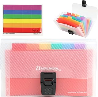13 Rainbow Flash Card Holder Pockets Portable Accordion File Organizer 7x4.7 Inches A6 Expanding File Folder Organiser with Tabs Plastic Box Storage for Cards Bills Coupons Receipt Tax Item Ticket