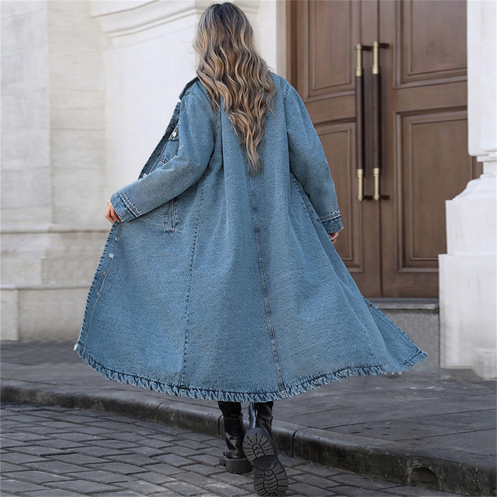 Trench Dżinsowy Długi Damski Klapa Guziki Kurtka Denim Luźna Oversize, Niebieski, S | Wiatroodporny dżins z praktycznymi kieszeniami bocznymi. Łatwe dopasowanie do innych ubrań. Com, idealny do pracy