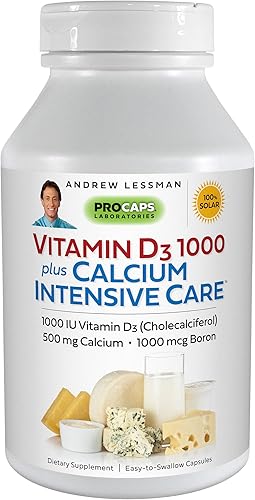 ANDREW LESSMAN Vitamina D3 1000 Plus Calcio Intensive Care 1000 Cápsulas  Esencial para la absorción de calcio, apoya la salud ósea, función
