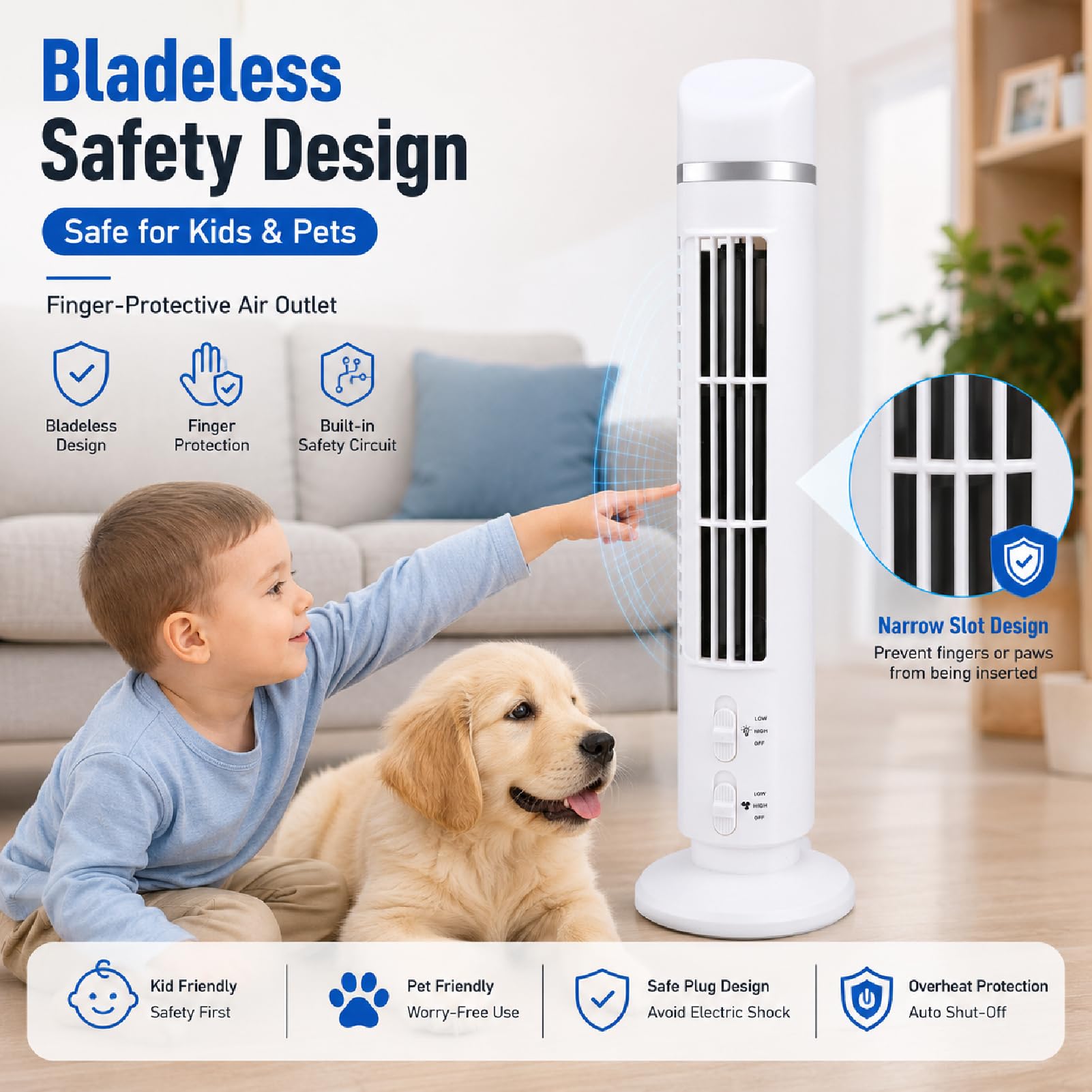 HERCHR 2 ventole a torre senza pale, ventilatore a torre portatile con illuminazione a LED, che emette aria fredda, porta USB, ideale per camera da letto, casa e ufficio (bianco)