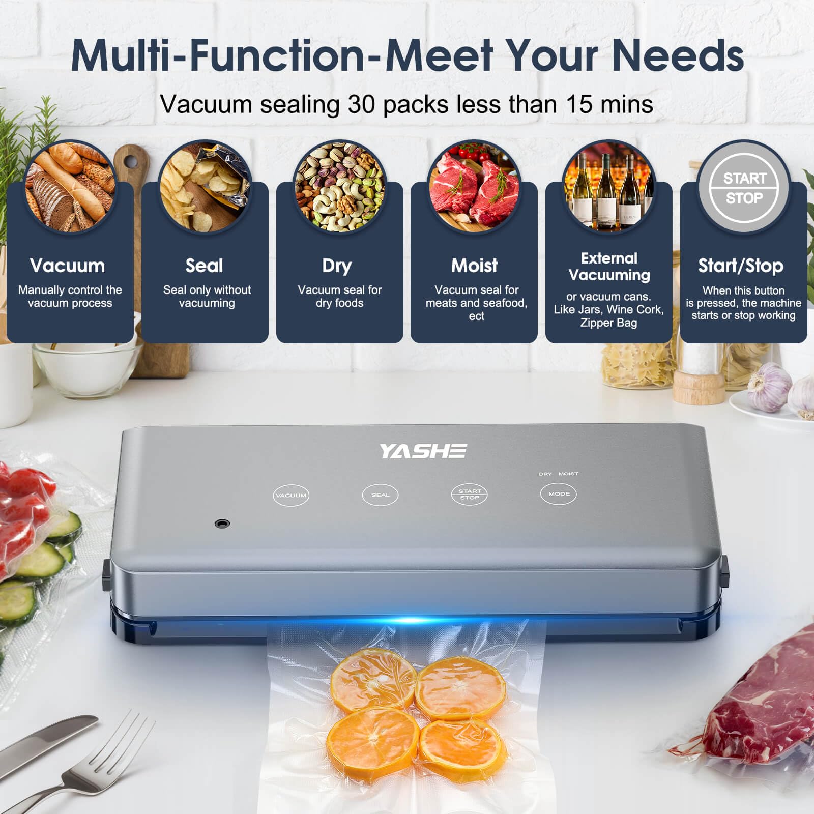 YASHE 5-in-1-Vakuumiermaschine mit Trocken- und Feucht-Modi, Multifunktions-Vakuumiermaschine für Sous-Vide-Kochen, 30 cm Naht zum Konservieren von Fleisch, Fisch, Obst und Gemüse