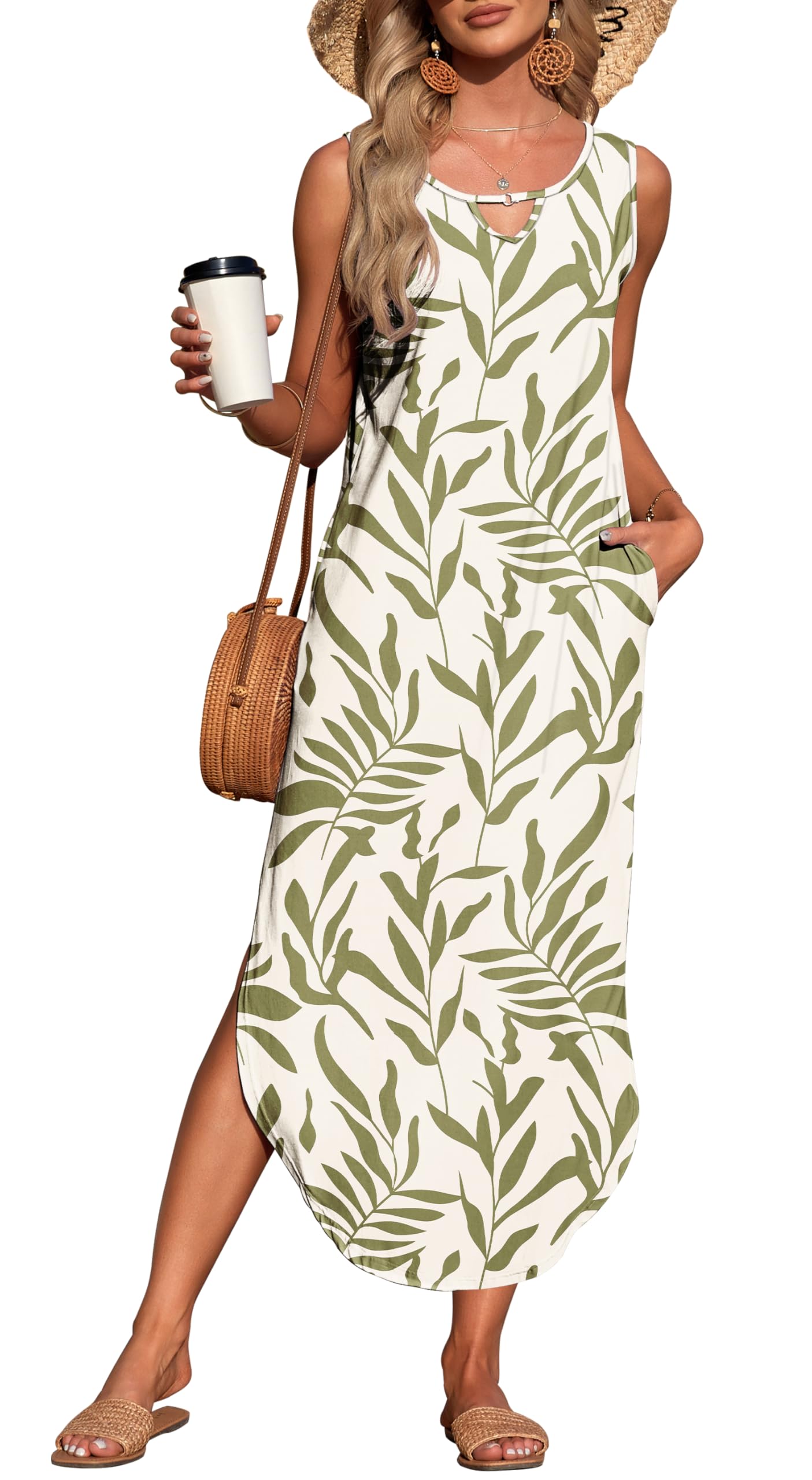 Auselily Women's Brown Leaves Beige Summer Dresses For Uk Beach Coverups Sleeveless Split Dress With Pockets 2XL