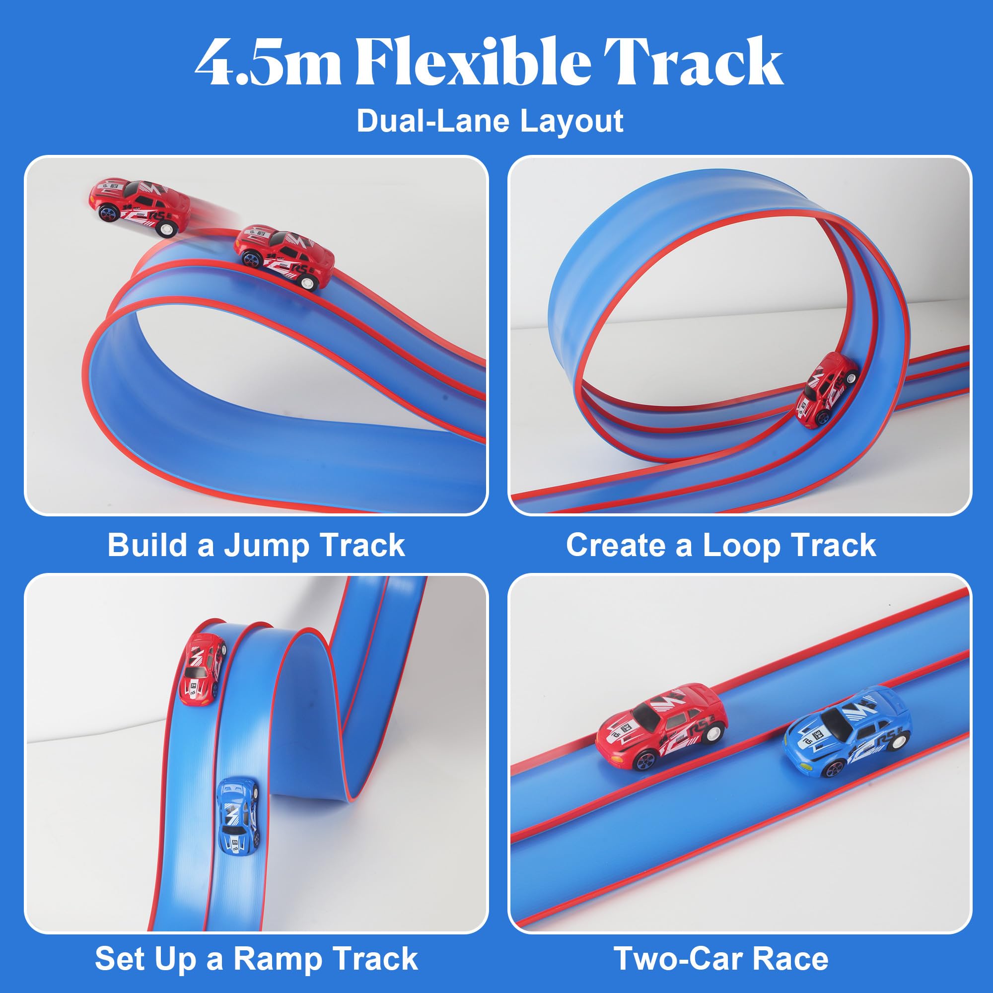 Juego de pistas de carreras flexibles para niños de 4,5 metros, hipódromo flexible para niños, Hot Wheels, pista de carreras portátil Hot Wheels con rampa doble, adecuada para niños