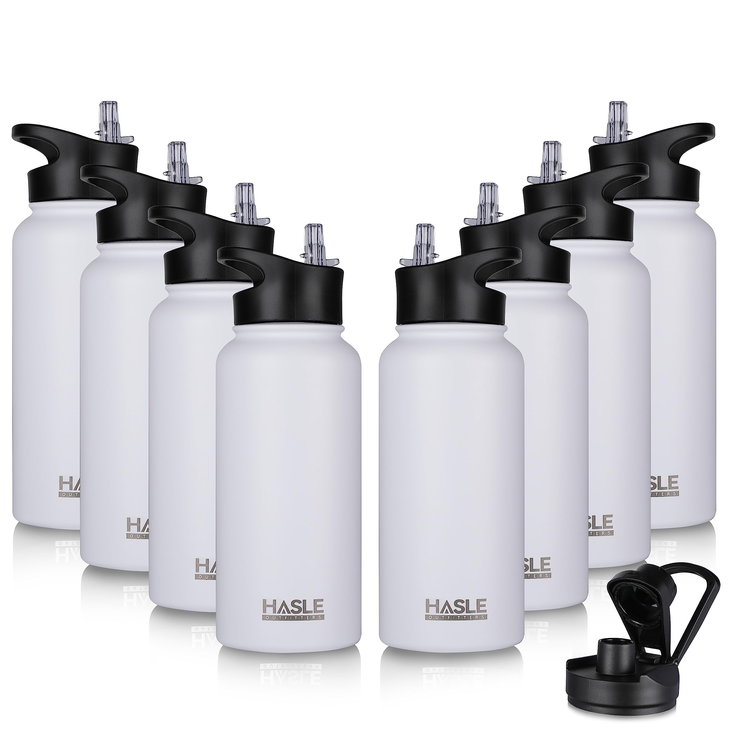 HASLE OUTFITTERS 32 oz Insulated Water Bottle Stainless Steel Double Walled Vacuum Sports Water Bottle with 2 Lids (Straw and Spout Lid) for Gym Camping Hiking(White,8)
