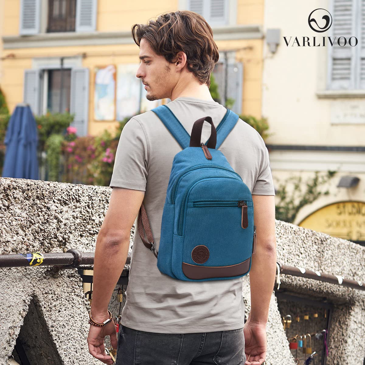 VARLIVOO Retro Sling Bag Bolsos de Hombro para Hombre Bolsos Cruzados Bandolera Bolsa de Pecho Crossbody Bolsa Senderismo Viajes Deportes al Aire Libre Cámping Ciclismo Montañismo Lona Cielo Azul