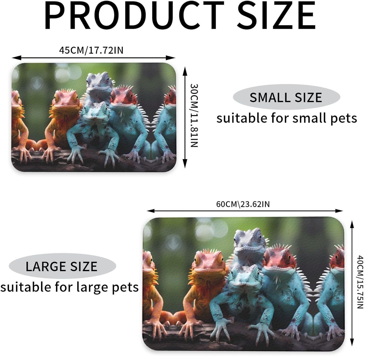 40x60cm Pet Absorbent Feeding Mat - 4 Colorful Lizards Print Leather Non-Slip Placemat, for Dog Cat Food and Water Bowl Pads