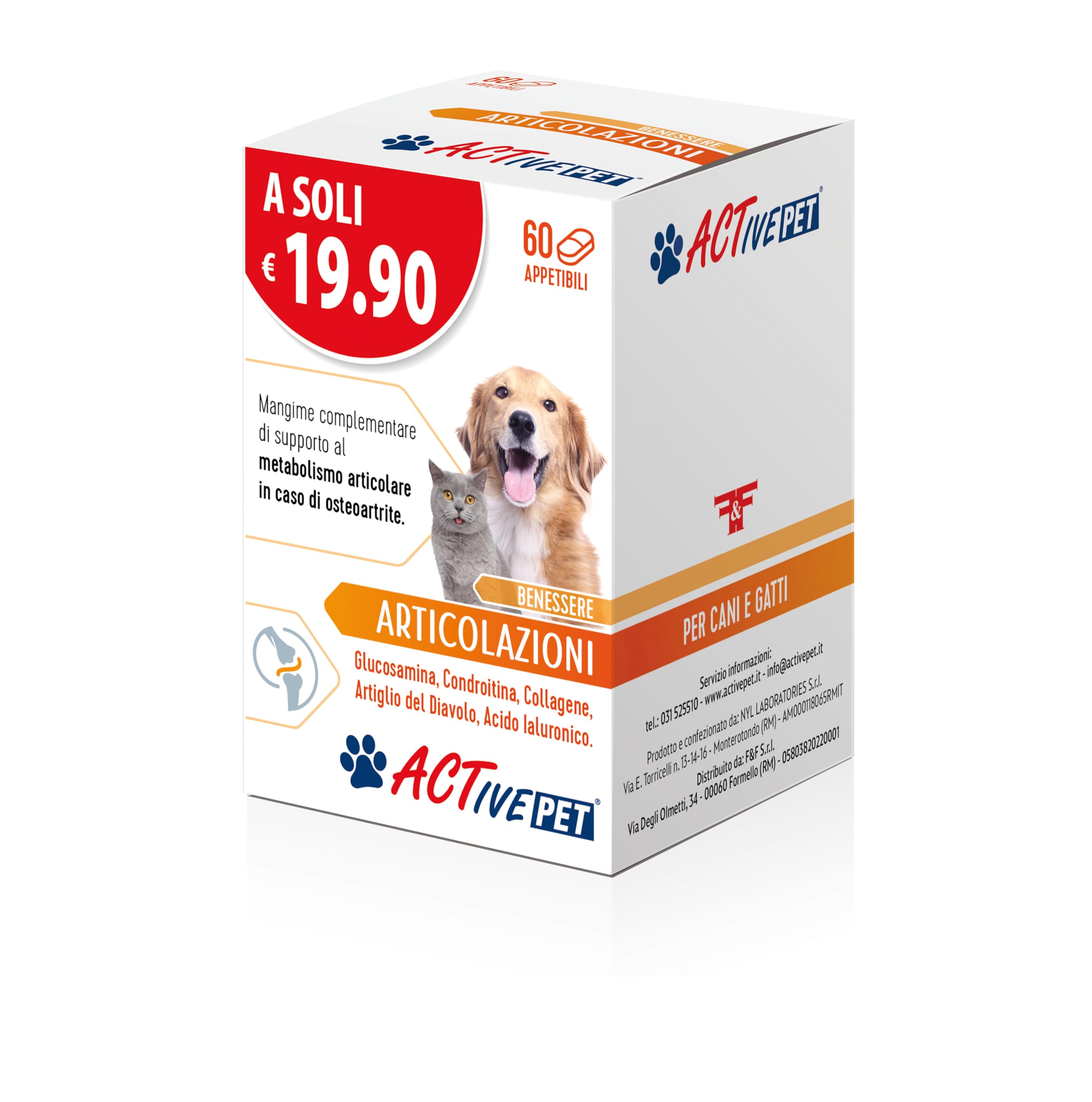 Active Pet Articolazioni, Mangime Complementare di Supporto al Metabolismo Articolare in caso di Osteoartrite, per Cani e Gatti - 1 Confezione da 60 Compresse