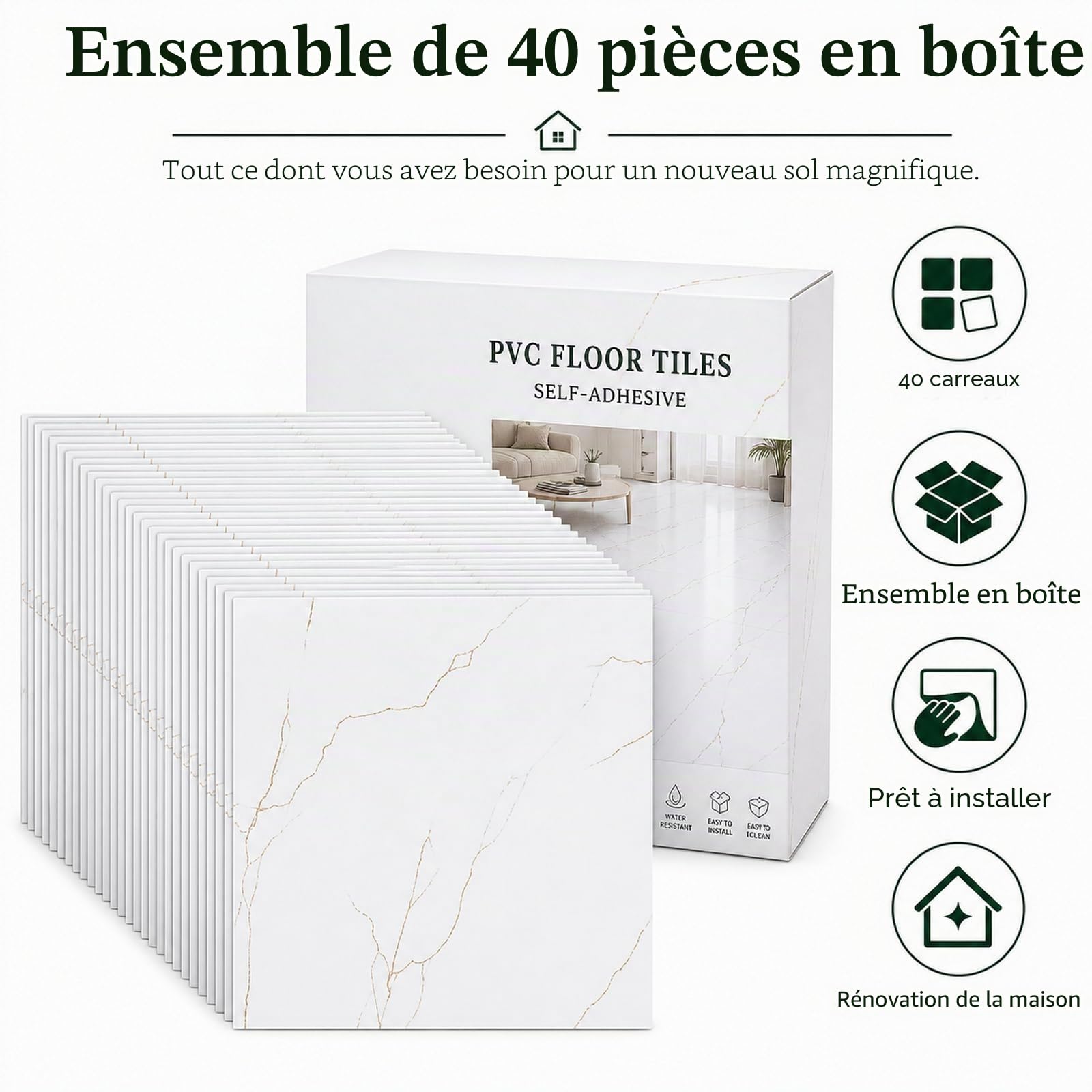 STARVAST Lot de 40 revêtements de sol en PVC - 30 x 30 cm - Blanc - Film de sol autocollant - Pour salon, salle de bain - 40 carreaux/3,6 m² - Marbre blanc
