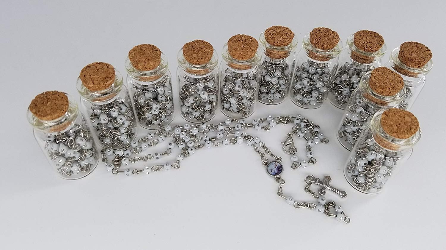 12 Baptism White Rosary in Glass Jar Bottle Beads Beaded Rosary Recuerdos De Bautizo Silver Catholic Crucifix Necklace Party Favor Baptism