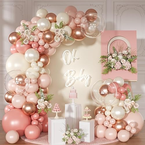 Kit de arco de globos color rosa polvoriento, 126 piezas, color rosa rubor retro y oro rosa metálico, globos para boda, cumpleaños, fiesta del bebé,