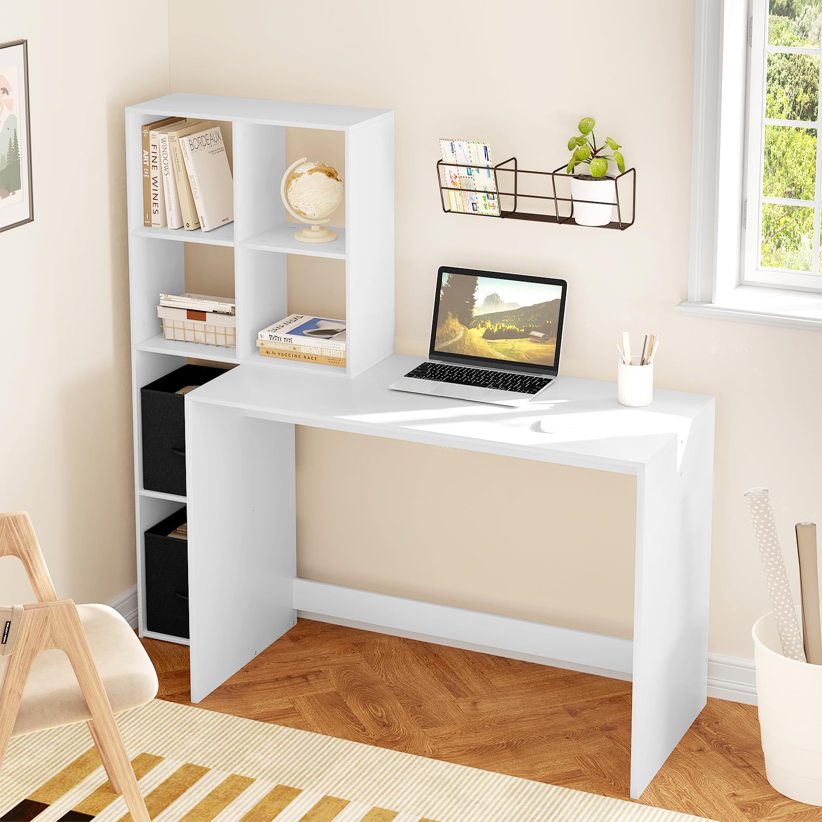 WOLTU Schreibtisch mit Regal & 2 Stoffboxen, Weiß, 140x50x134 cm | Offenes Stauraum, Geeignet für Homeoffice Schlafzimmer Wohnzimmer