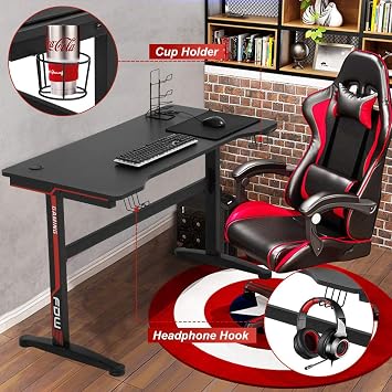 Computer Gaming Desk Ergonomic PC Computer Desks Table Large Gaming Desk Gamer Workstation with Stand Cup Holder Headphone and Cable Management for Men Boyfriend Son Gift- 47-Red