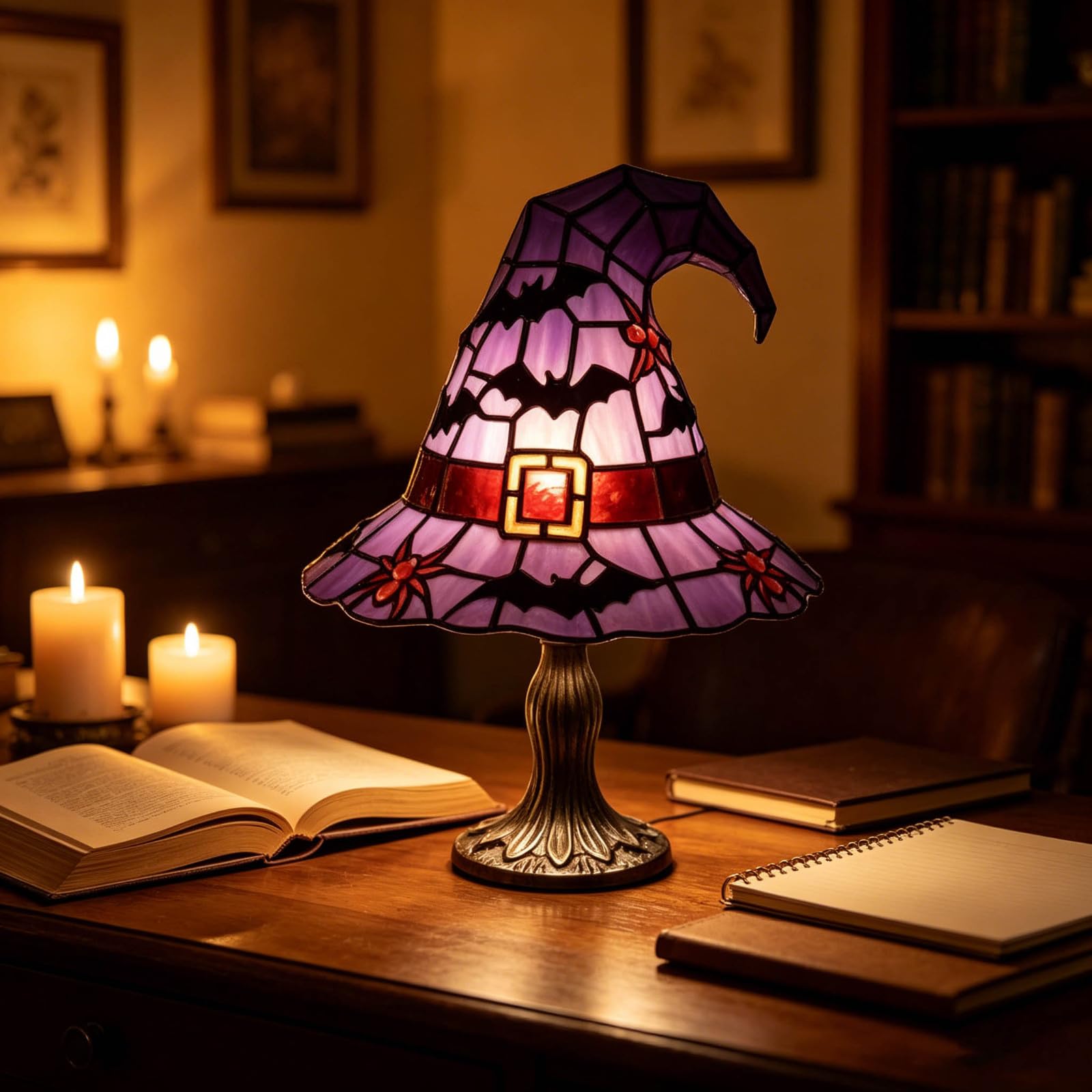 2026 Stained Glass Witch Hat Lamp - Handcrafted Retro Resin Witch Lamp, USB Powered Gothic Wizard Hats Night Light, Halloween Home Decor Accent Lamps for Bedroom & BookDesk (Purple)
