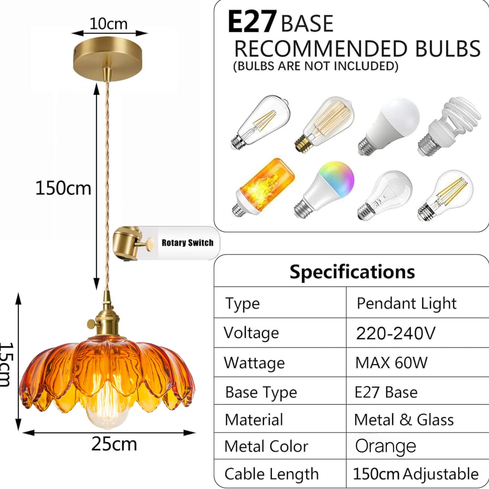 Vintage Hanglamp Met Glas Bloem Lampscherm,Hangende Lampen,Aanpasbare Plafondlamp Voor Slaapkamer,Woonkamer,Keuken, Eetkamer,Hal,Loft,Bar, Oranje, Lotus Lampscher,E27Gloeilamp (niet inbegrepen