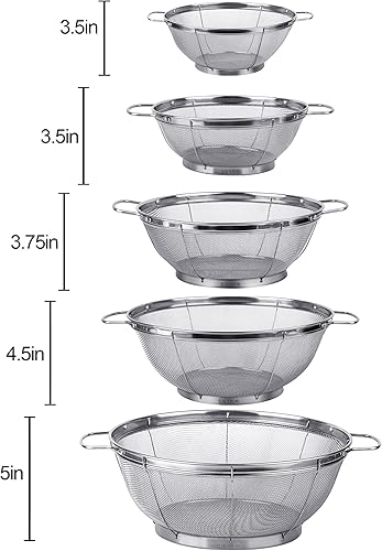 Miniatura 5 de Paquete de 5 coladores de acero inoxidable 18/8, cestas de malla de varios tamaños con asas y base de descanso para tensión, drenaje, enjuague o