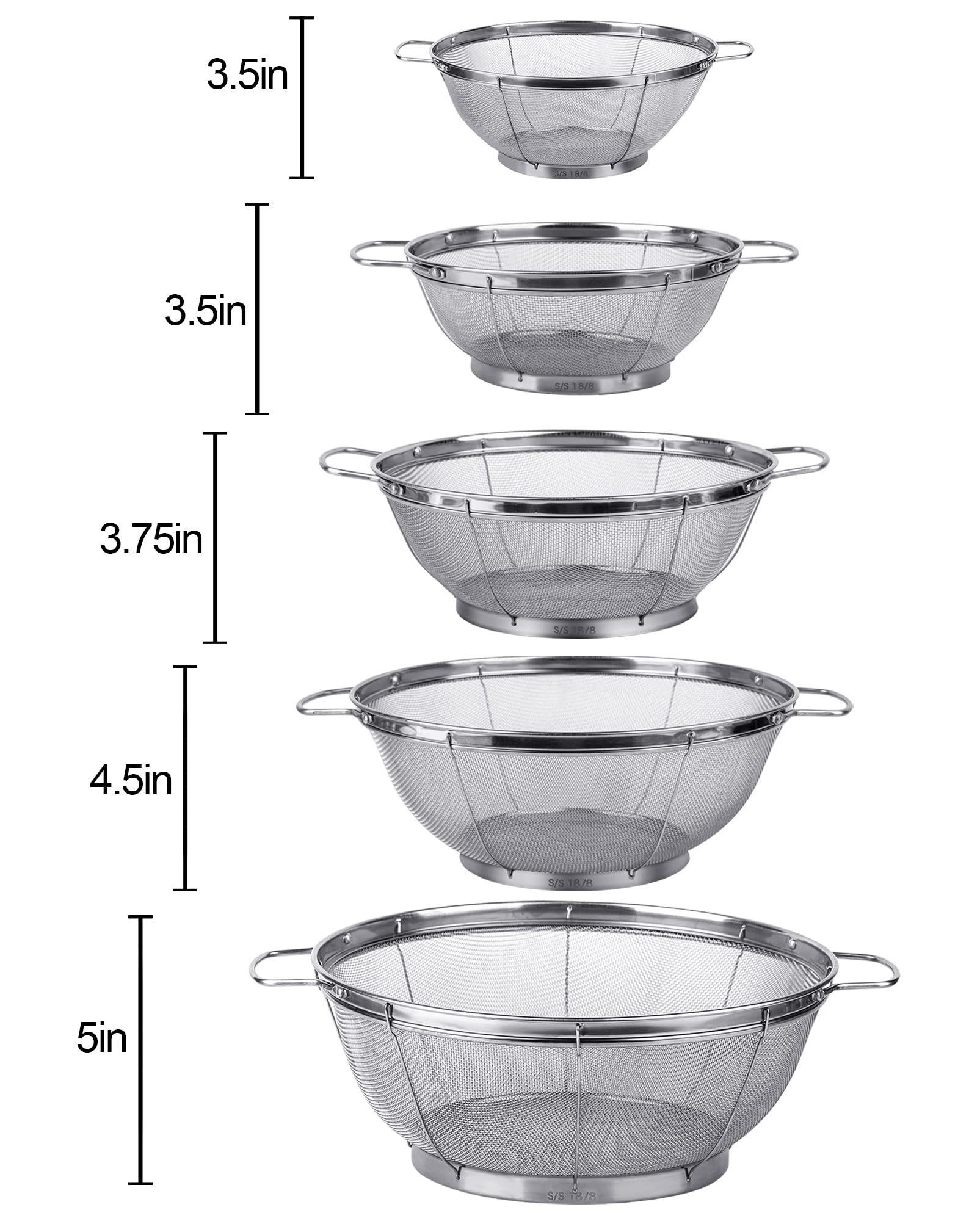 Paquete de 5 tamices coladores de acero inoxidable 18/8, cestas de malla de múltiples tamaños con asas y base de descanso para tensión, drenaje, enjuague o vapor