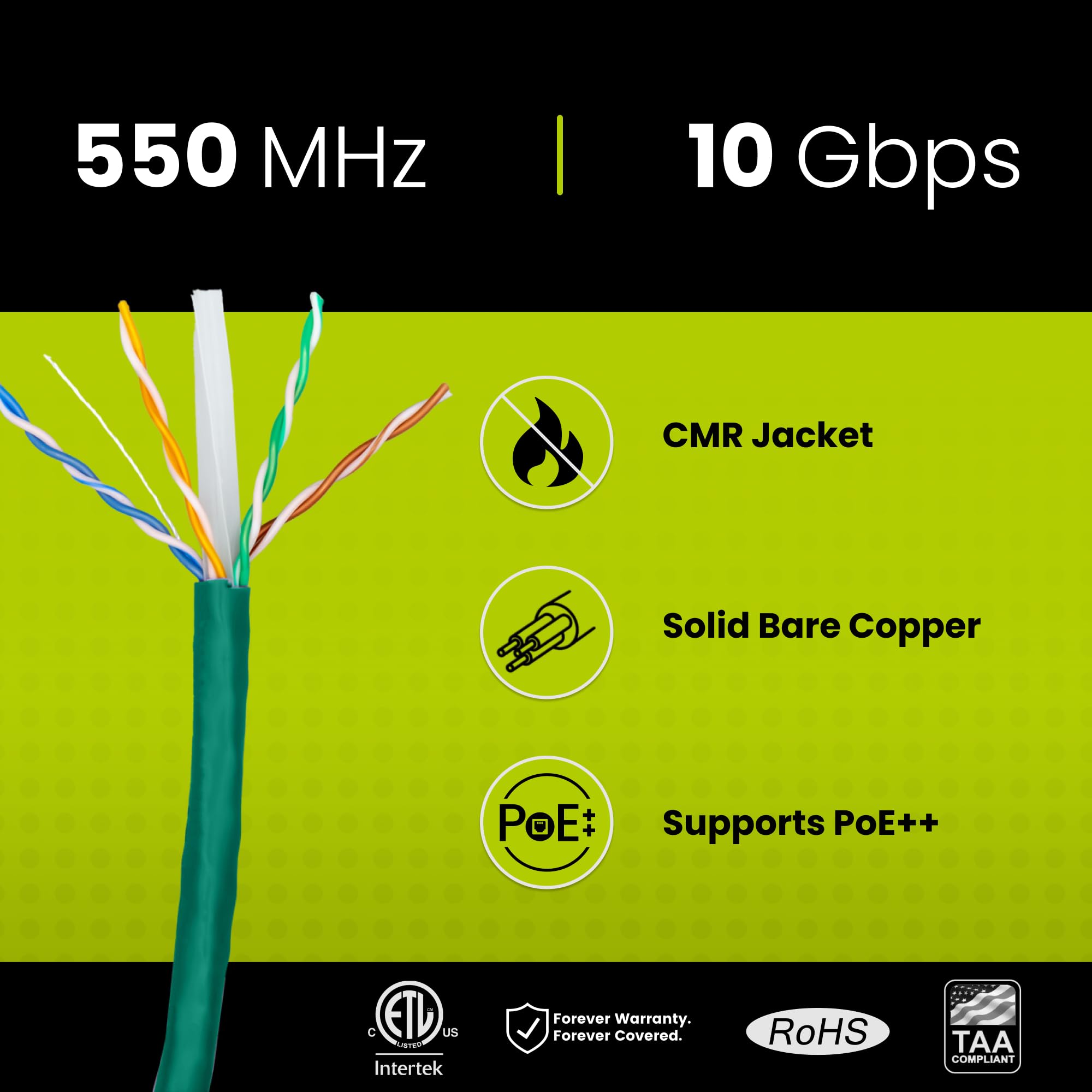 trueCABLE Cat6 Riser (CMR), 305 m, vert, 23 AWG 4 paires en cuivre nu massif, 550 MHz, PoE++ (4PPoE), certifié ETL, paire torsadée non blindée (UTP), câble Ethernet en vrac