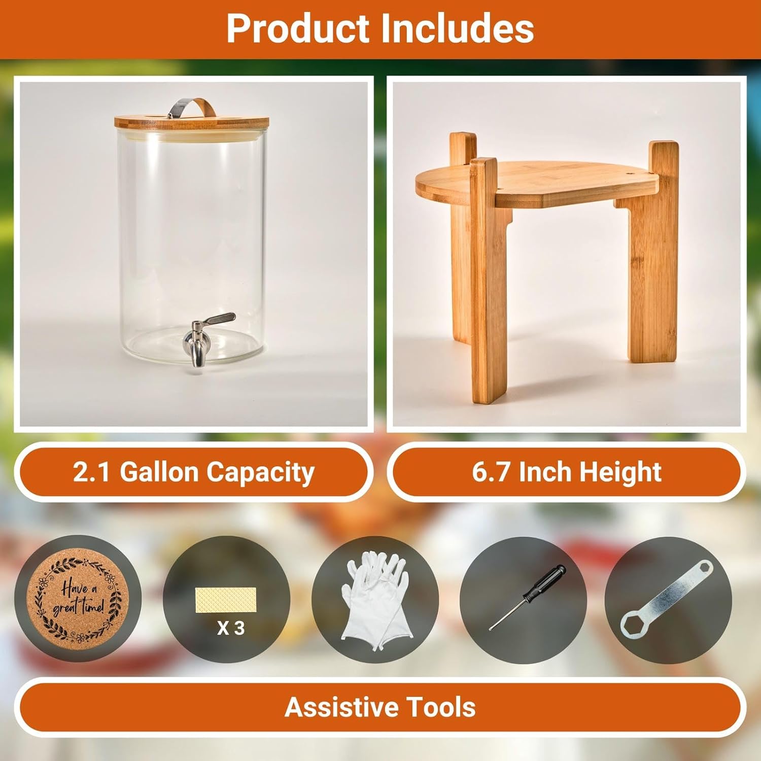 Glass Beverage Dispenser with Bamboo Stand and Lid, Iced 2.1 Gallon Drink Server with Spigot, Large Thick Glass Drink Dispenser for Parties, Hotels, Restaurants, Homes - Image 7