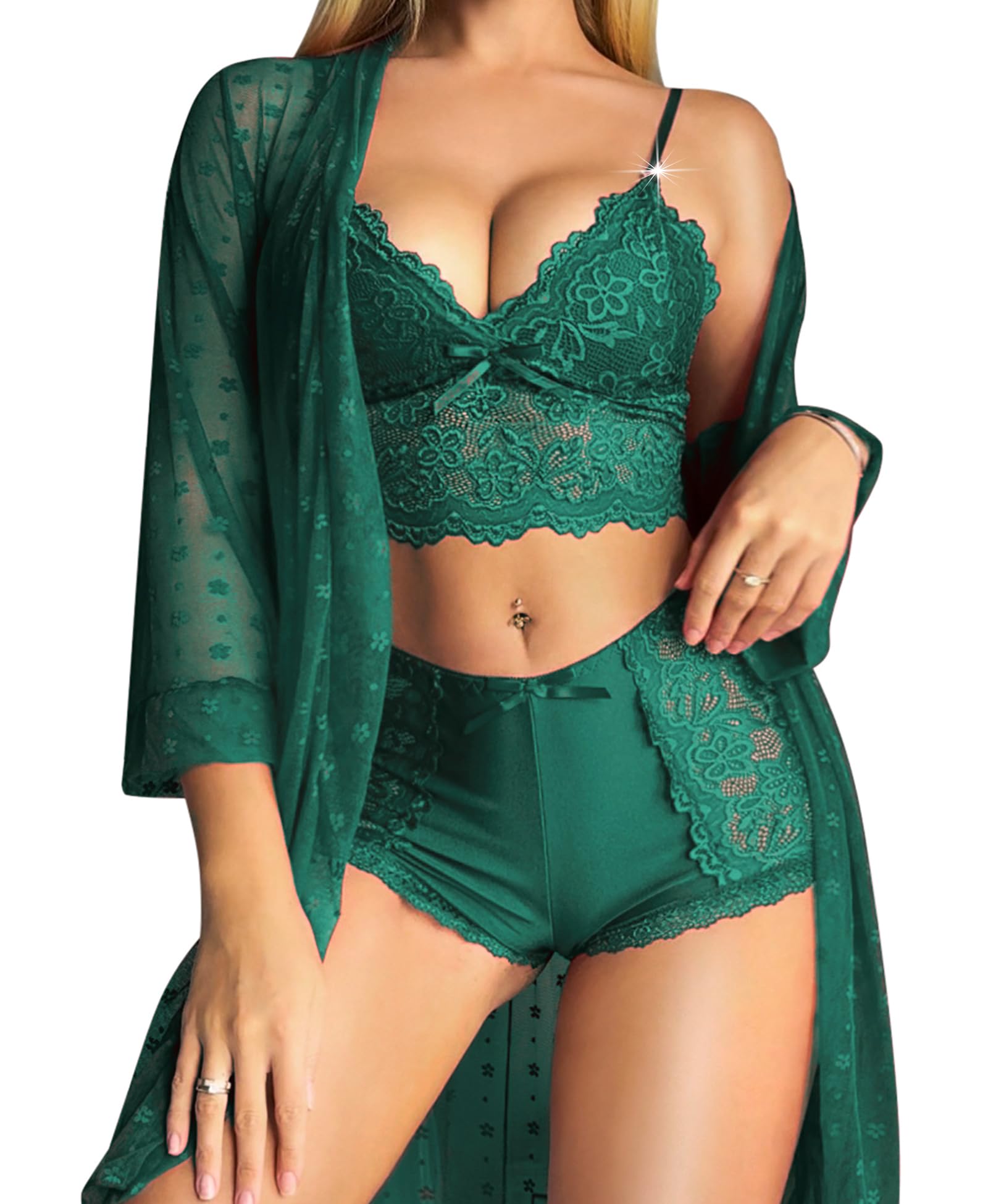 RSLOVE Women Sexy Lingerie Set - 3 Piece Lace Bra and Panty Sets with Mesh Kimono Robe Nightgown Sleepwear: X-Large Green