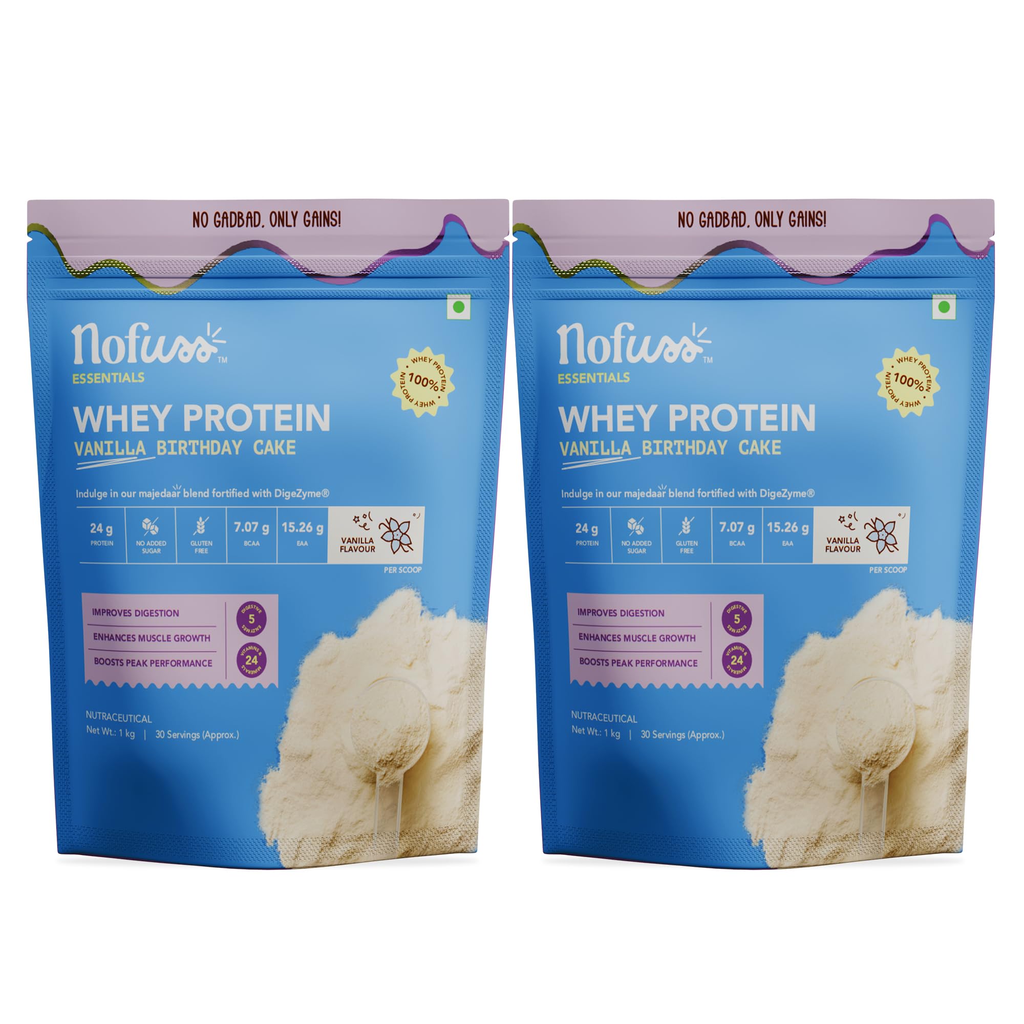 whey protein powder concentrate by nofuss – vanilla birthday cake, 2kg (4.4 lbs) | 24g protein, 30 servings | 7.07g bcaa & 15.26g eaa | gluten & sugar-free | 5 digestive enzymes | muscle growth, recovery & strength support + free shaker | vanilla flavour