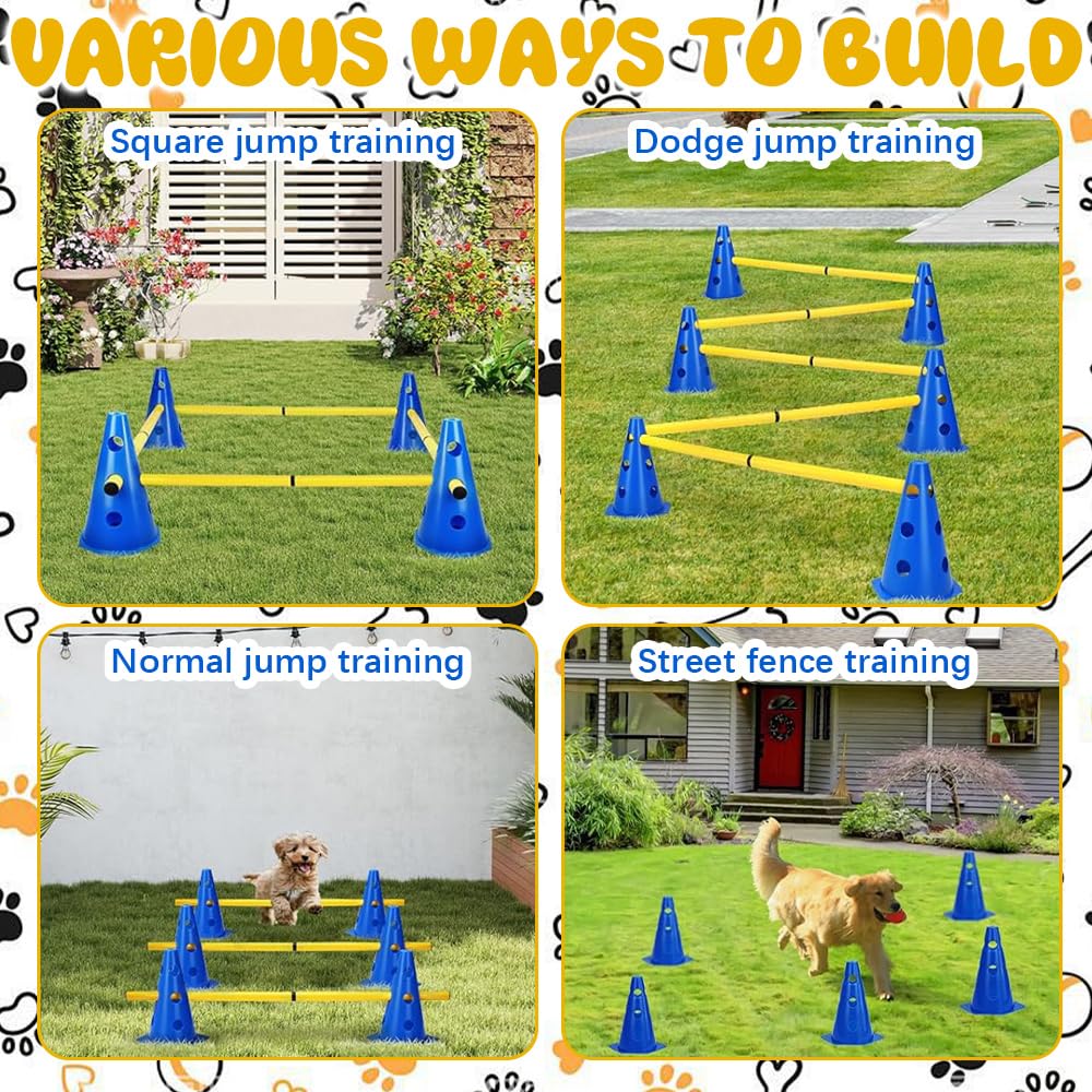 Agility Kit d'obstacles pour Chiens et Enfants, Ensemble de Barrières Enfichables pour Enfants, Parcour pour Sauter, 8 Cônes de 23 cm de Hauteur + 4 Barres de 81 cm de Long, pour Les Exercices