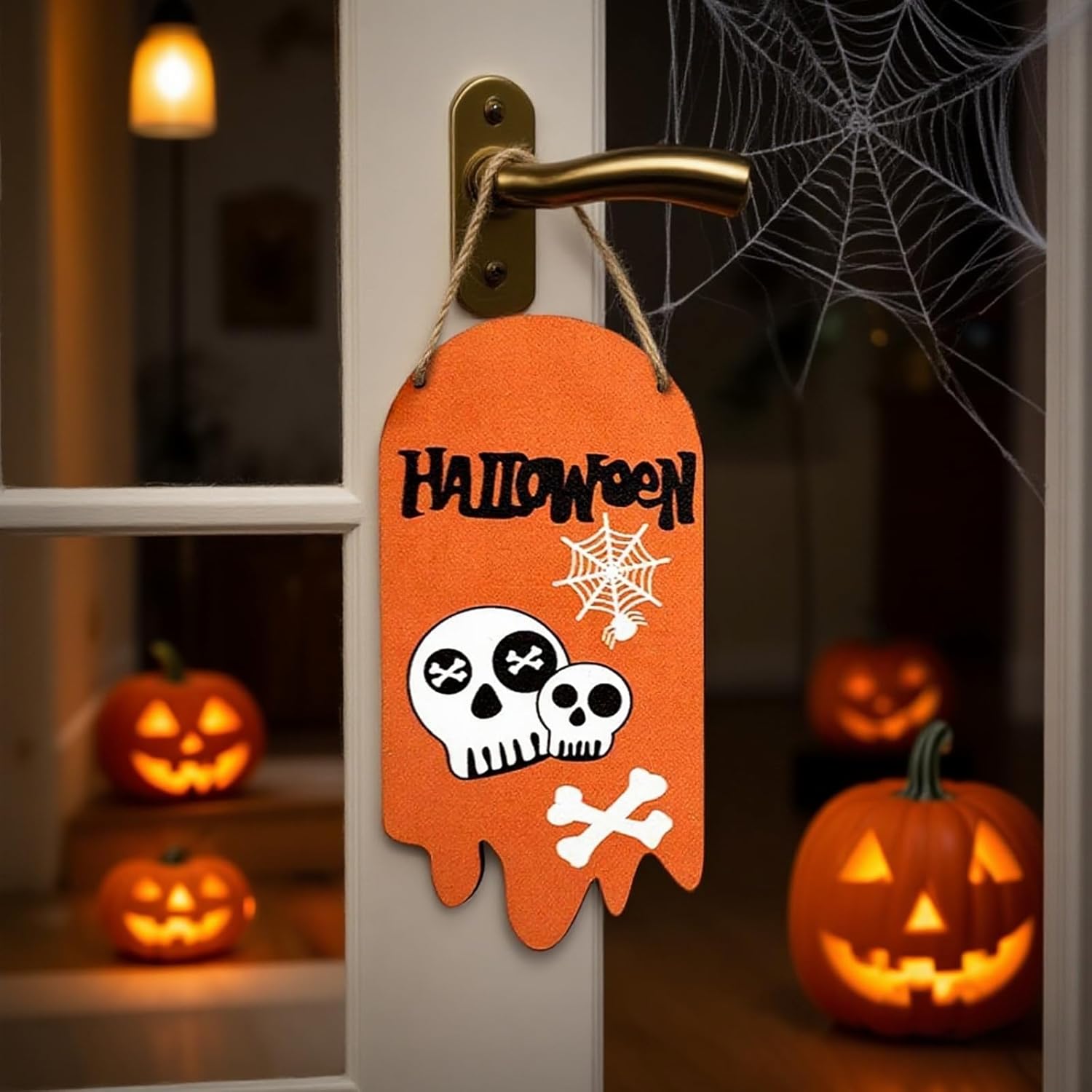 3PCS Happy Halloween Door Hangers Cute Signs Halloween Hanging Ornaments for Wall Indoor Outdoor Holiday Decor Wooden Skull, Ghost & Pumpkin Plaque Decorations
