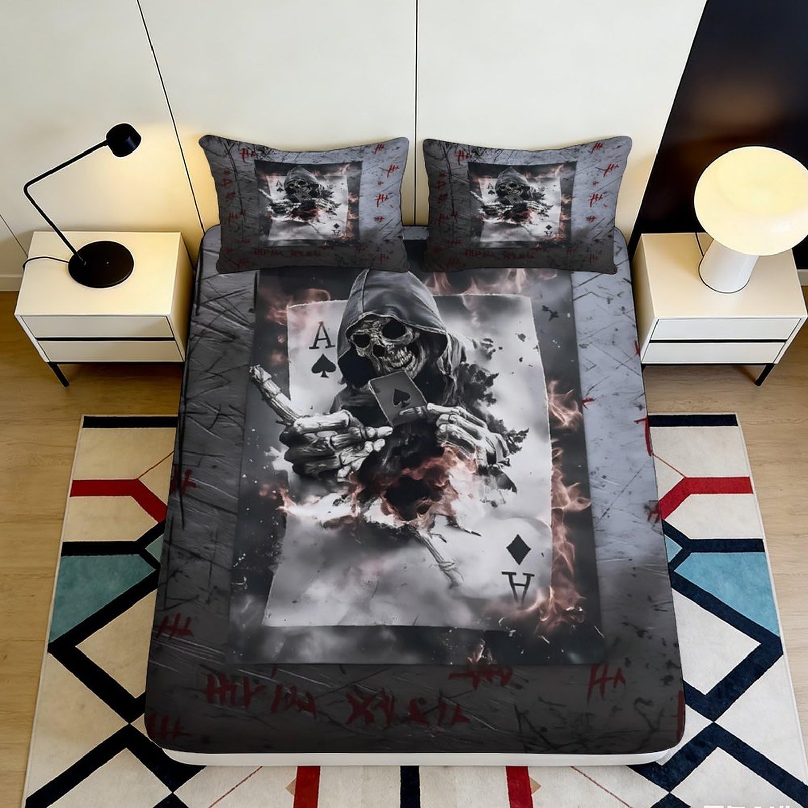 3D Printed Grim Reaper Skull Fitted Sheet Microfiber Black Gothic Smoke Ace of Spades Bed Cover for Bedroom Dorm Mattress Protector 180x200x25cm
