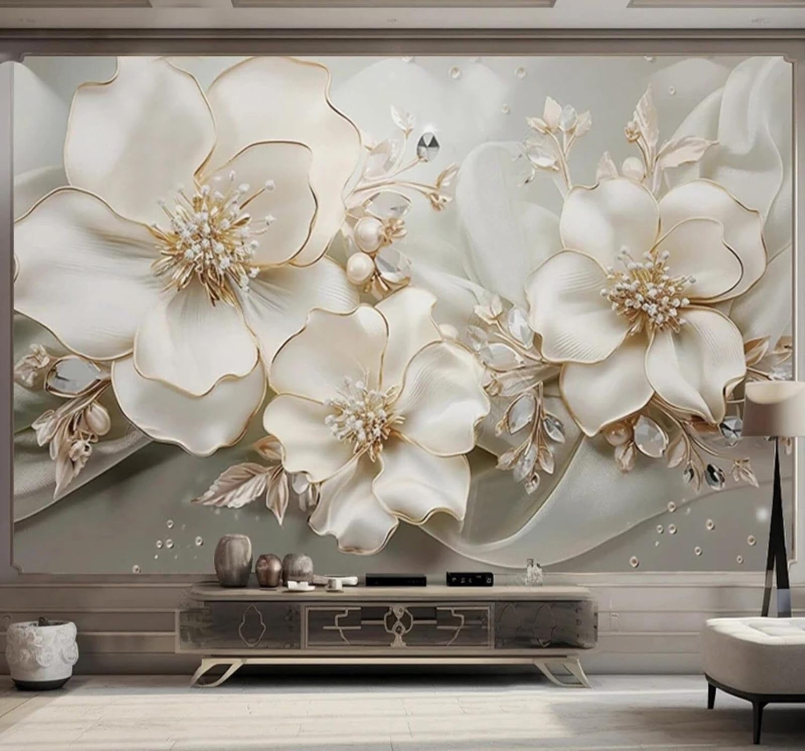 XLMING Luxury Beautiful Jewellery Floral Relief 3D Wallpaper Luxury Silk Study Dining Feature Sofa Grey Bedroom Living Room Tv Decorative Wall-200cm×140cm