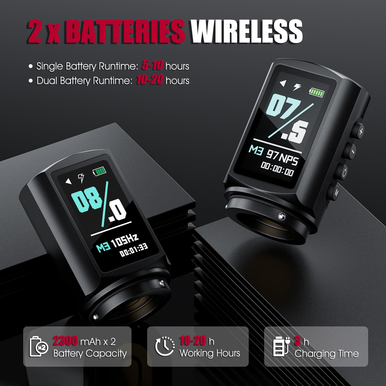 TATELF Kit Inalámbrico, Máquina Rotativa Profesional para Principiantes y Artistas, Pantalla LCD, 7 Vel, Batería 2300mAh, 20 Cartuchos, 10 Tintas