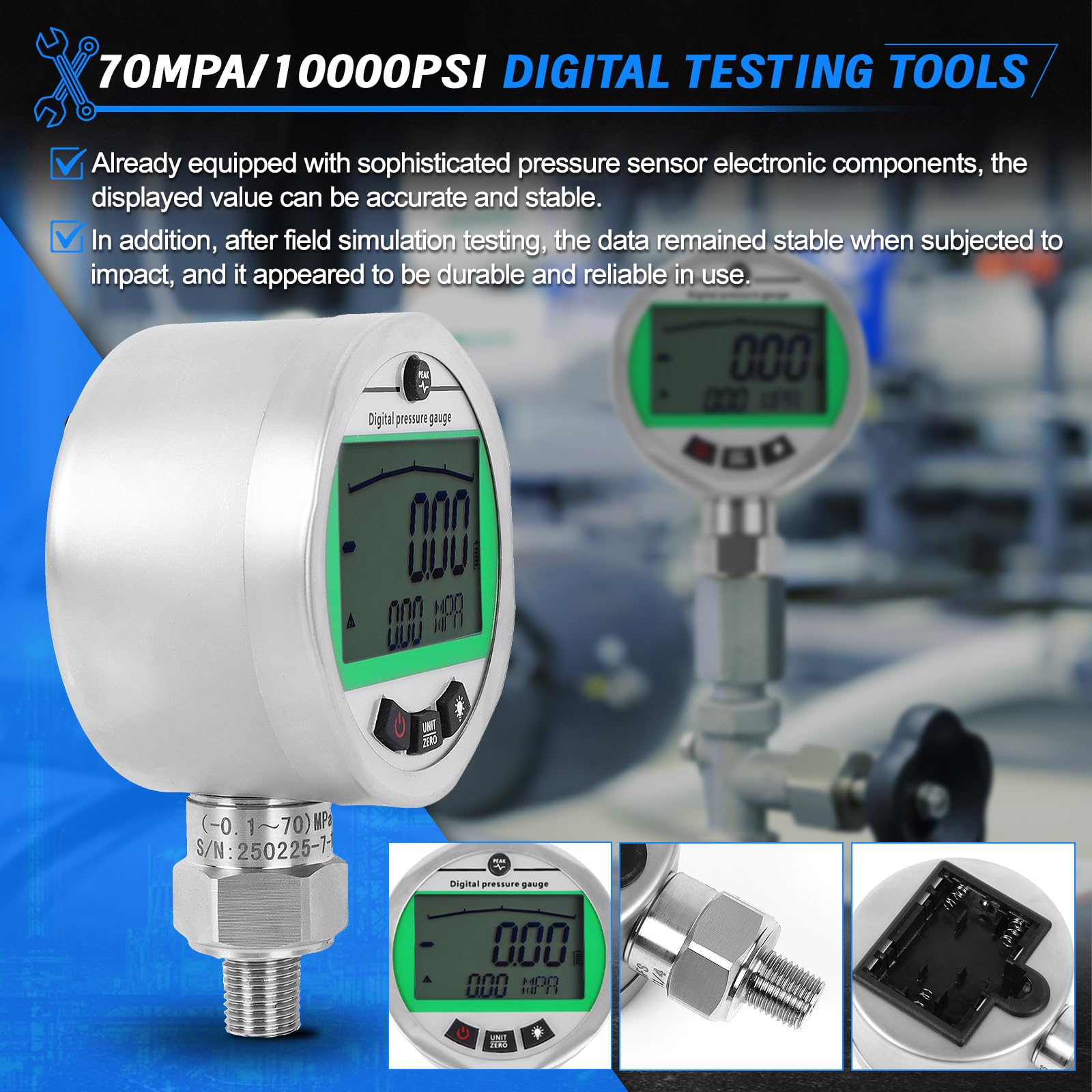 Digitales Manometer-Kit mit 2 70MPA/10000PSI-Manometern, 3 Prüfschläuchen und 12 Kupplungen, hydraulisches Gas-Wasserdruck-Test-Kit mit Hintergrundbeleuchtung, 1 Jahr Garantie