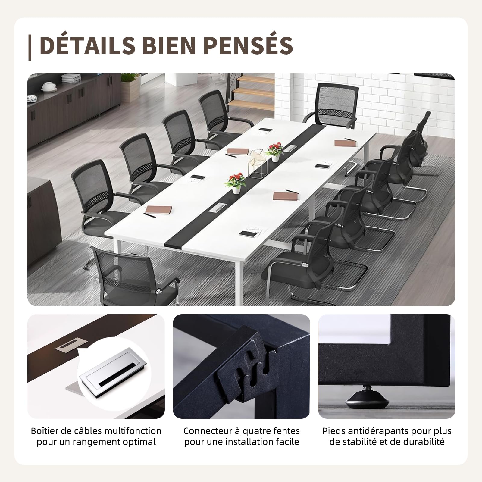 Table de Réunion Grande, Table de Conférence Rectangulaire, pour 8 à 12 Personnes, avec Gestion de Câbles et Structure en Métal Noir, Mobilier pour Bureau et Salle de Conférence