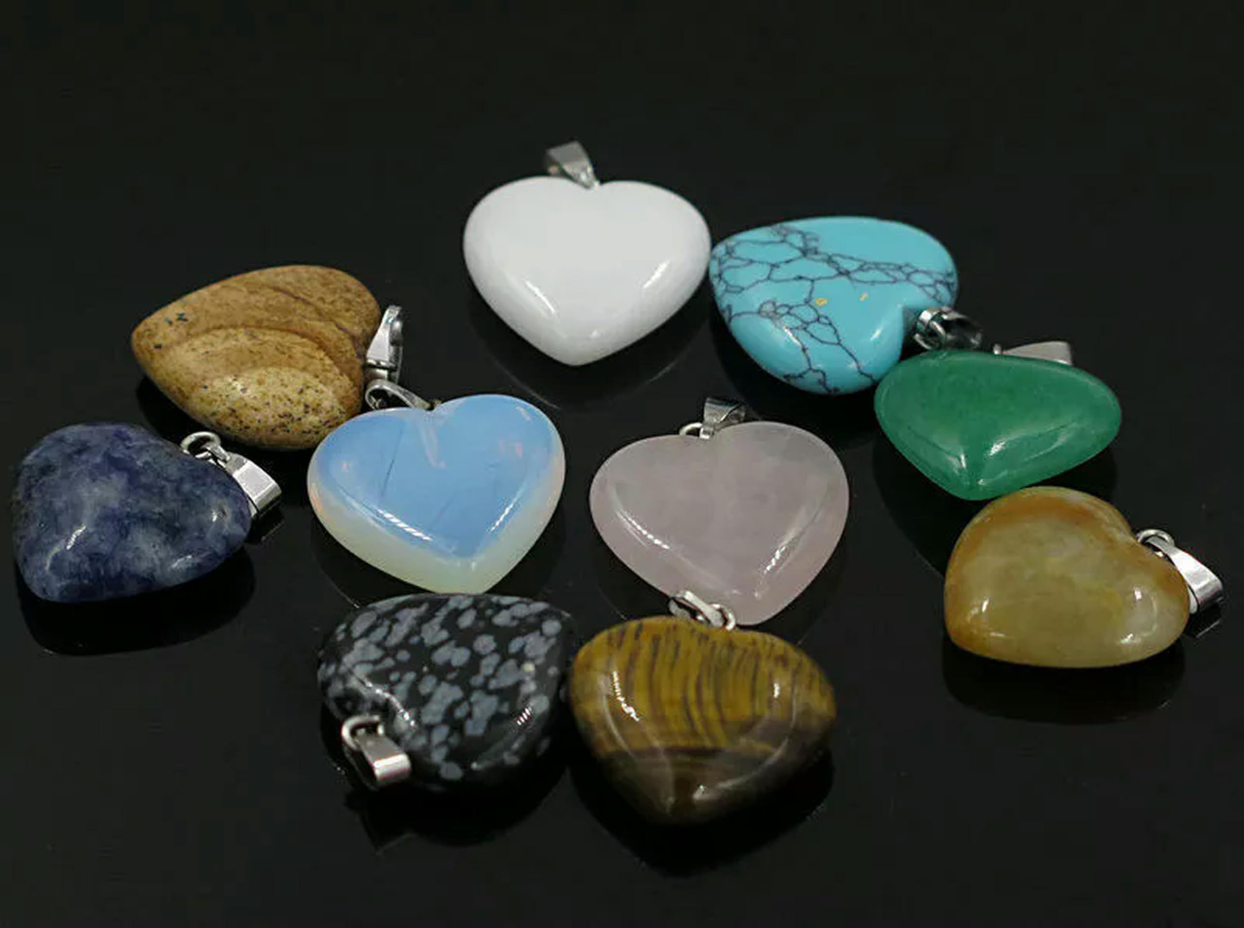 Vente en Gros 100 pièces 20MM Mixte Pendentif en Pierre de Coeur Naturelle Pendentifs en Argent avec Pierres précieuses