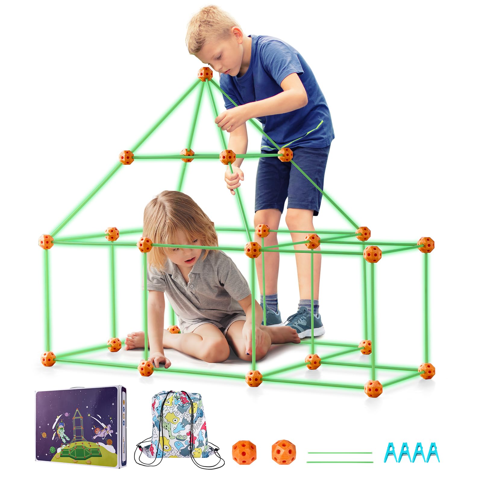 VEVOR Fort Building Kit for Kids, 85PCS Glow in The Dark STEM Building Toys, Educational Gift for 4 5 6 7 8+ Year Old Boys & Girls, Indoor Outdoor Play Tent Construction Toys with 55 Rods and 30 Balls