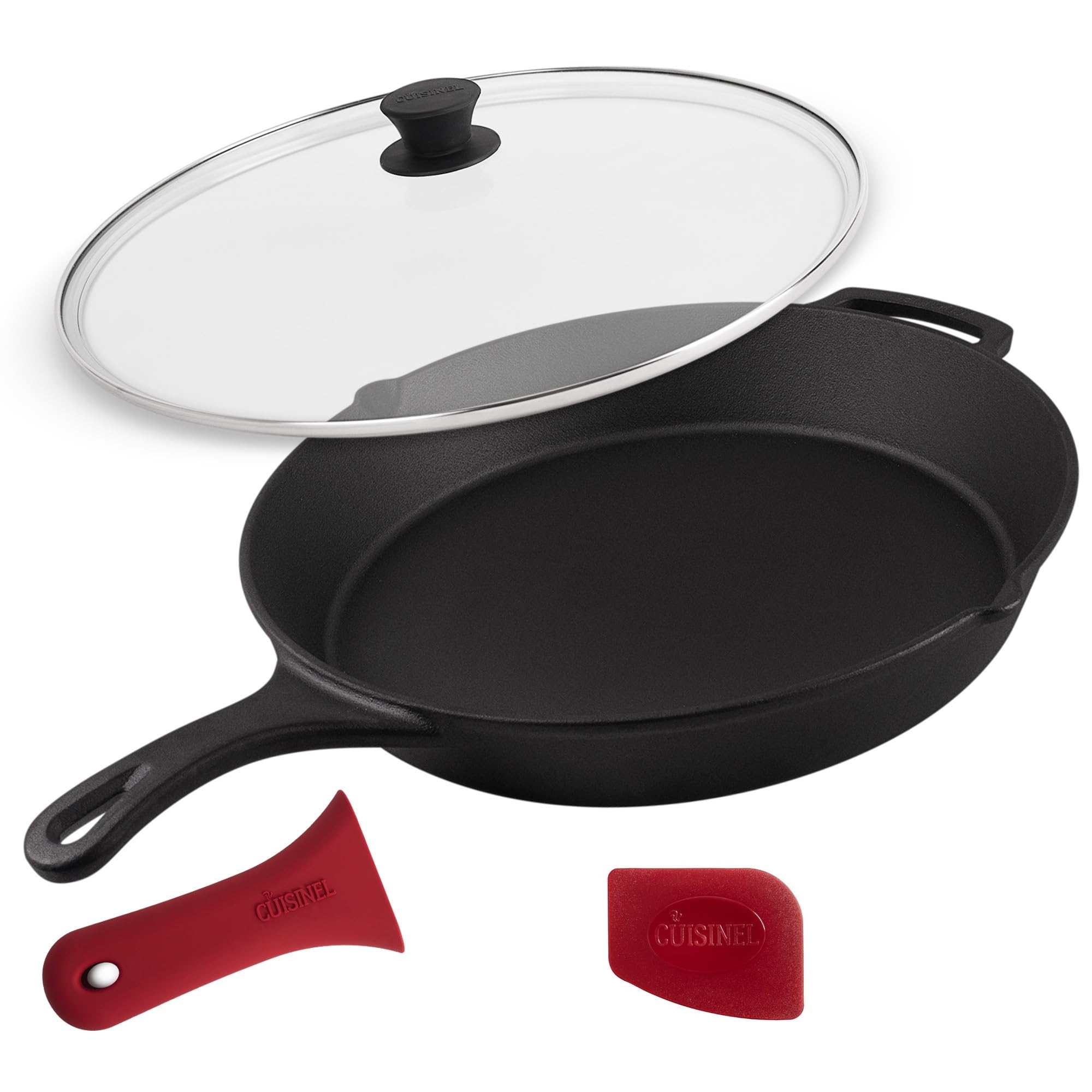 Cuisinel Cast Iron Skillet with Glass Lid Cover - Large 15"-inch Frying Pan + Scraper + Silicone Handle Grip - Pre-seasoned Kitchen Cookware - Indoor/Outdoor - Camping, Grilling, BBQ, Oven Use