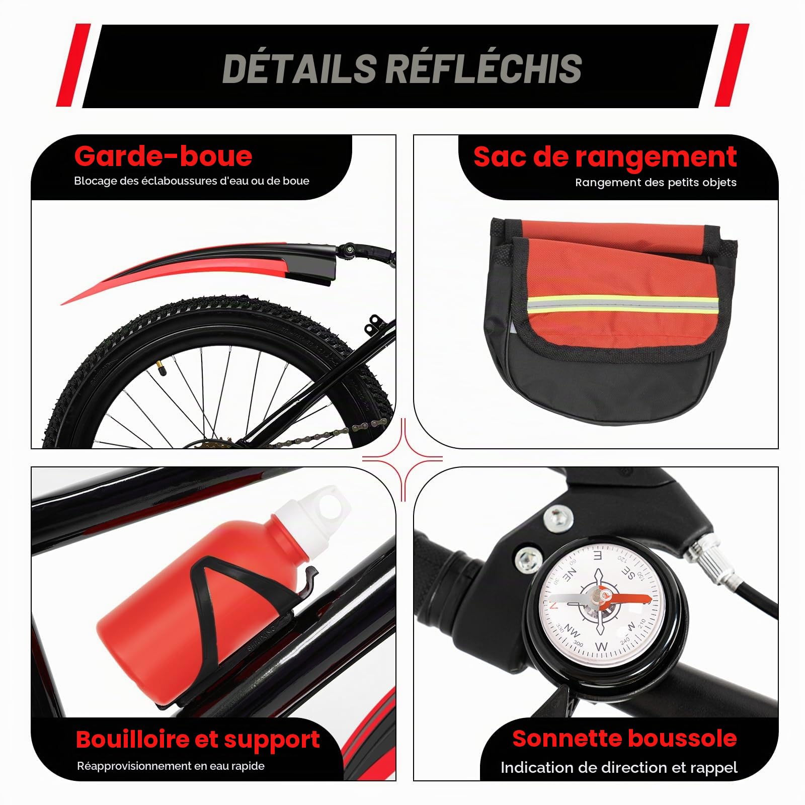 VTT pour enfants de 20 pouces, 7 vitesses, pour garçons et filles de 8 à 13 ans, couleur rouge, avec garde-boue, porte-bouteille, cloche, cadre en acier au carbone, capacité de charge 75 kg