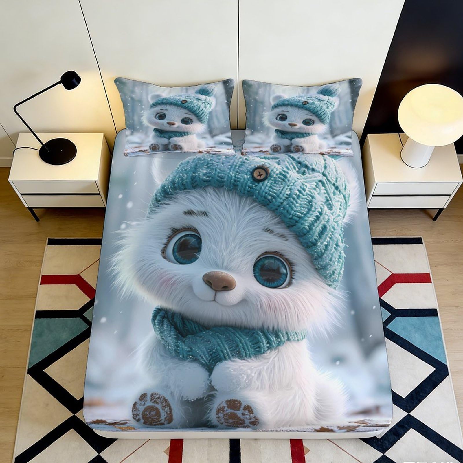 3D Printed Winter Cartoon Fitted Sheet Microfiber Soft Breathable Cute Puppy Mattress Cover for Bedroom Dormitory Guest Room Protection Decoration 160x200x25cm